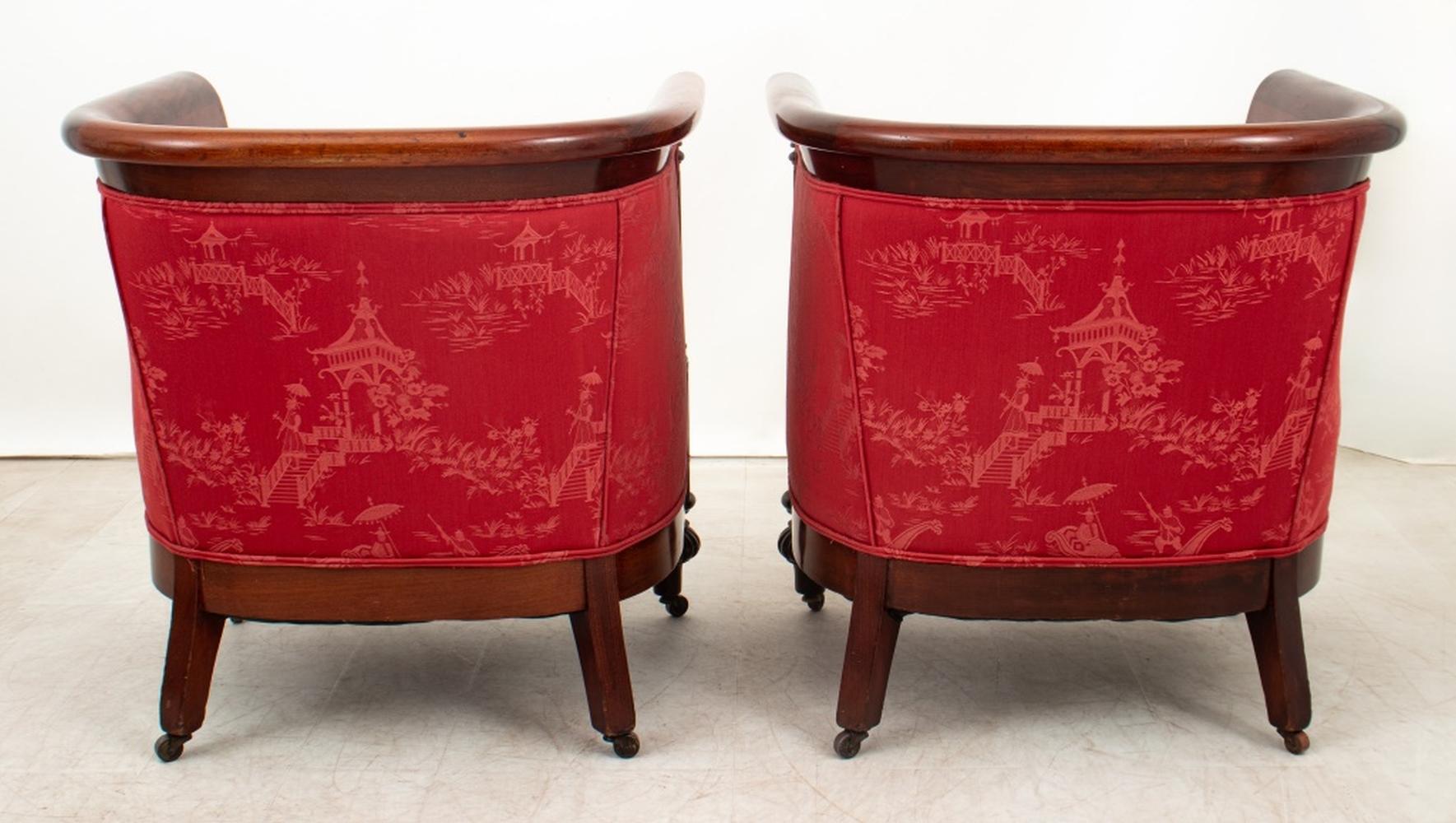Pair of Edwardian Mahogany and Red Silk Tub Chairs In Good Condition In Astoria, NY