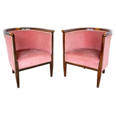 Pair of Edwardian Mahogany Armchairs Barrel Back Pink Tub Antique Art Nouveau