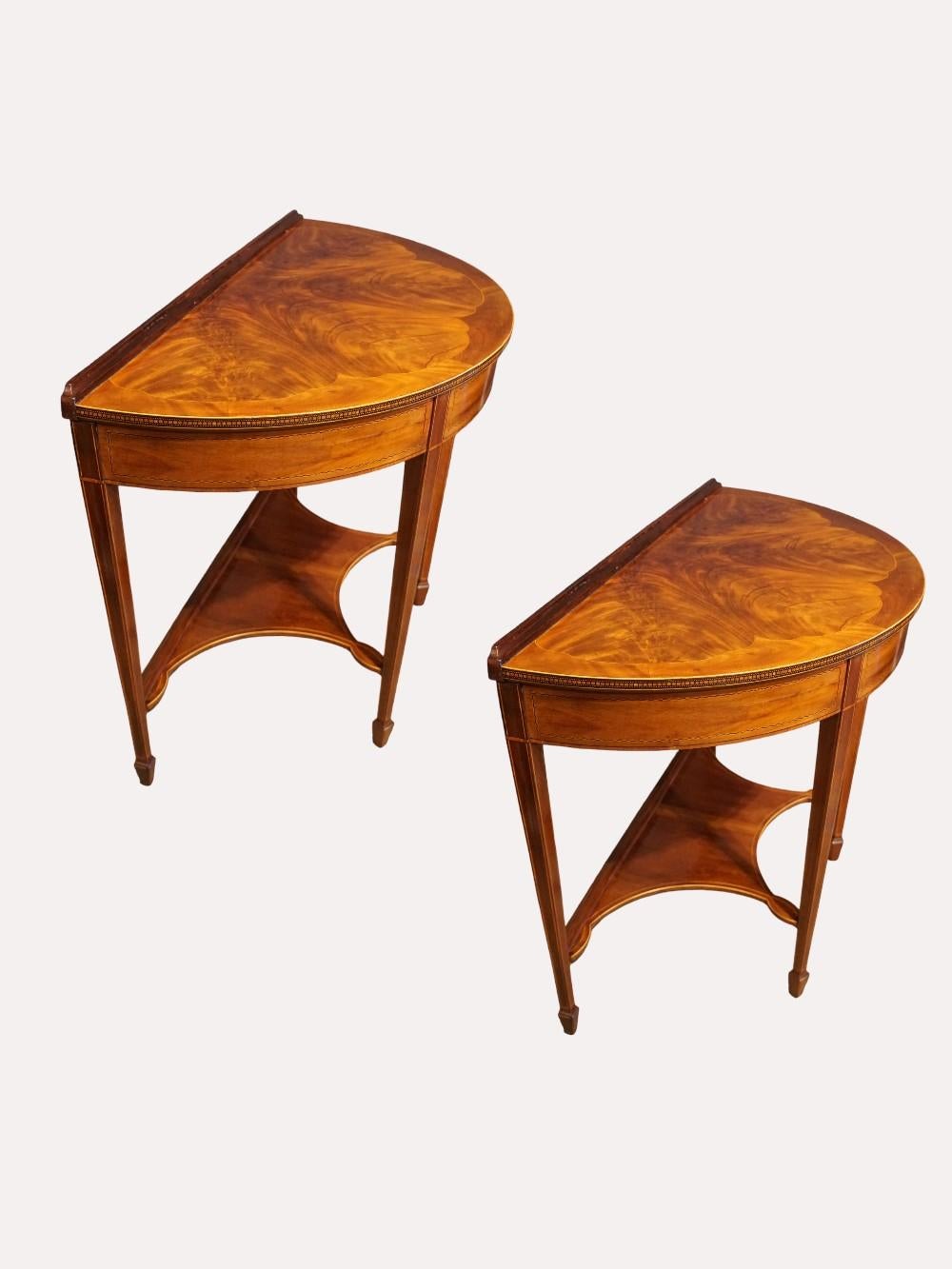 English Pair of Edwardian mahogany demi lune console tables