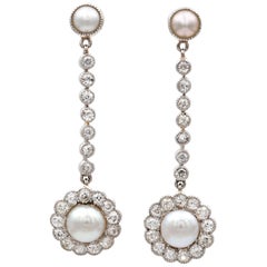 Pair of Edwardian Natural Pearl and Diamond Drop Earrings