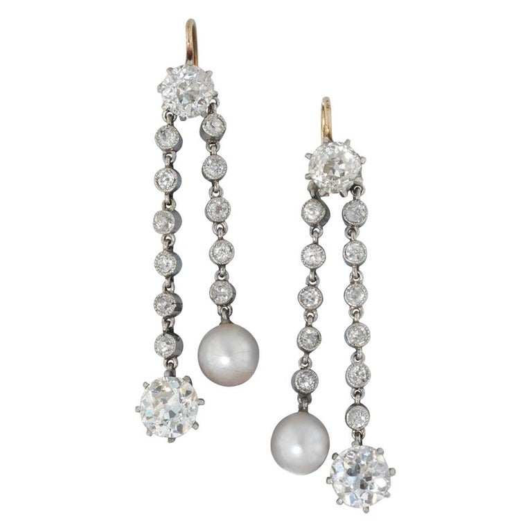 Pair of Edwardian Natural Pearl and Diamond Drop Earrings For Sale