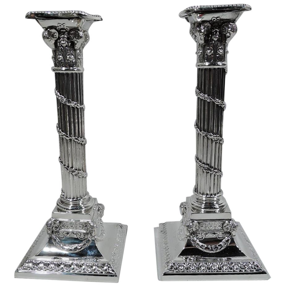 Pair of Edwardian Neoclassical Sterling Silver Column Candlesticks