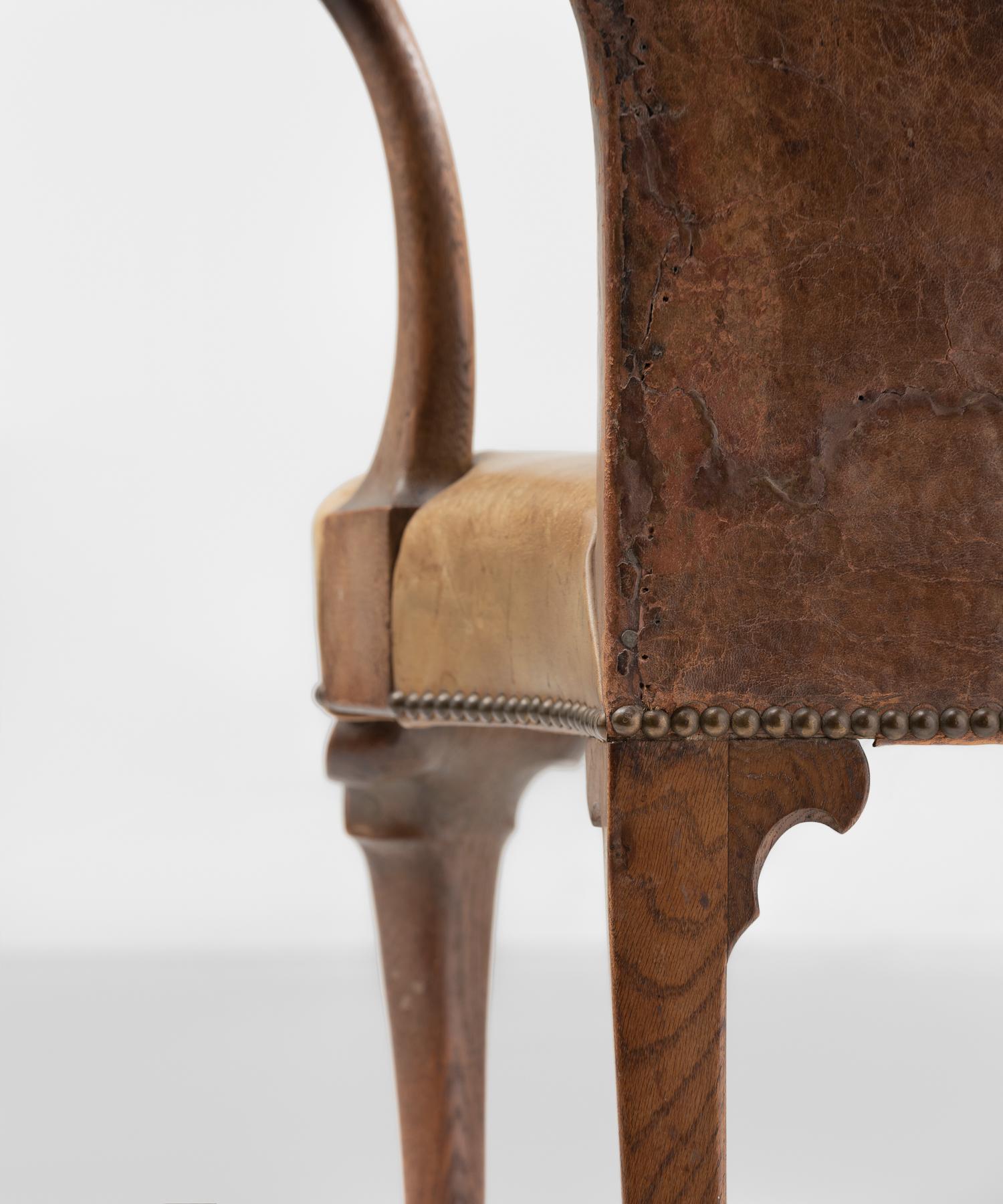 Pair of Edwardian Oak and Leather Armchairs, England, circa 1900 2