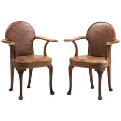 Pair of Edwardian Oak and Leather Armchairs, England, circa 1900