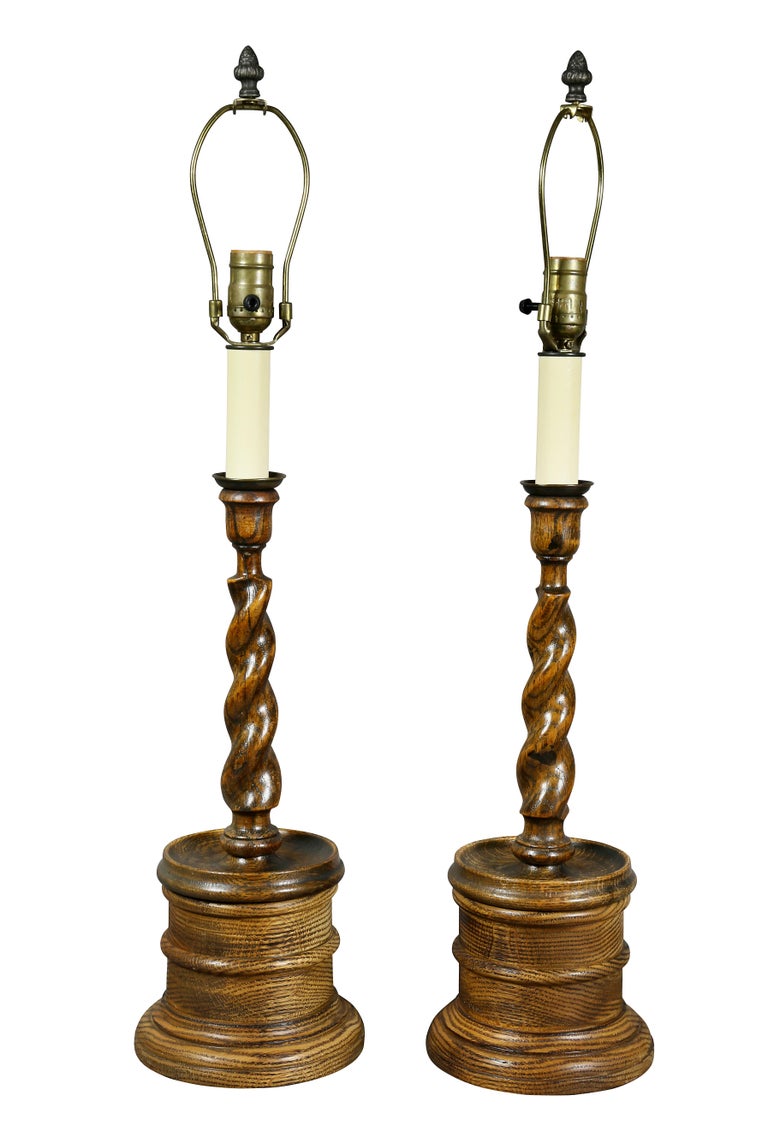 Pair of Edwardian Oak Candlestick Lamps at 1stDibs