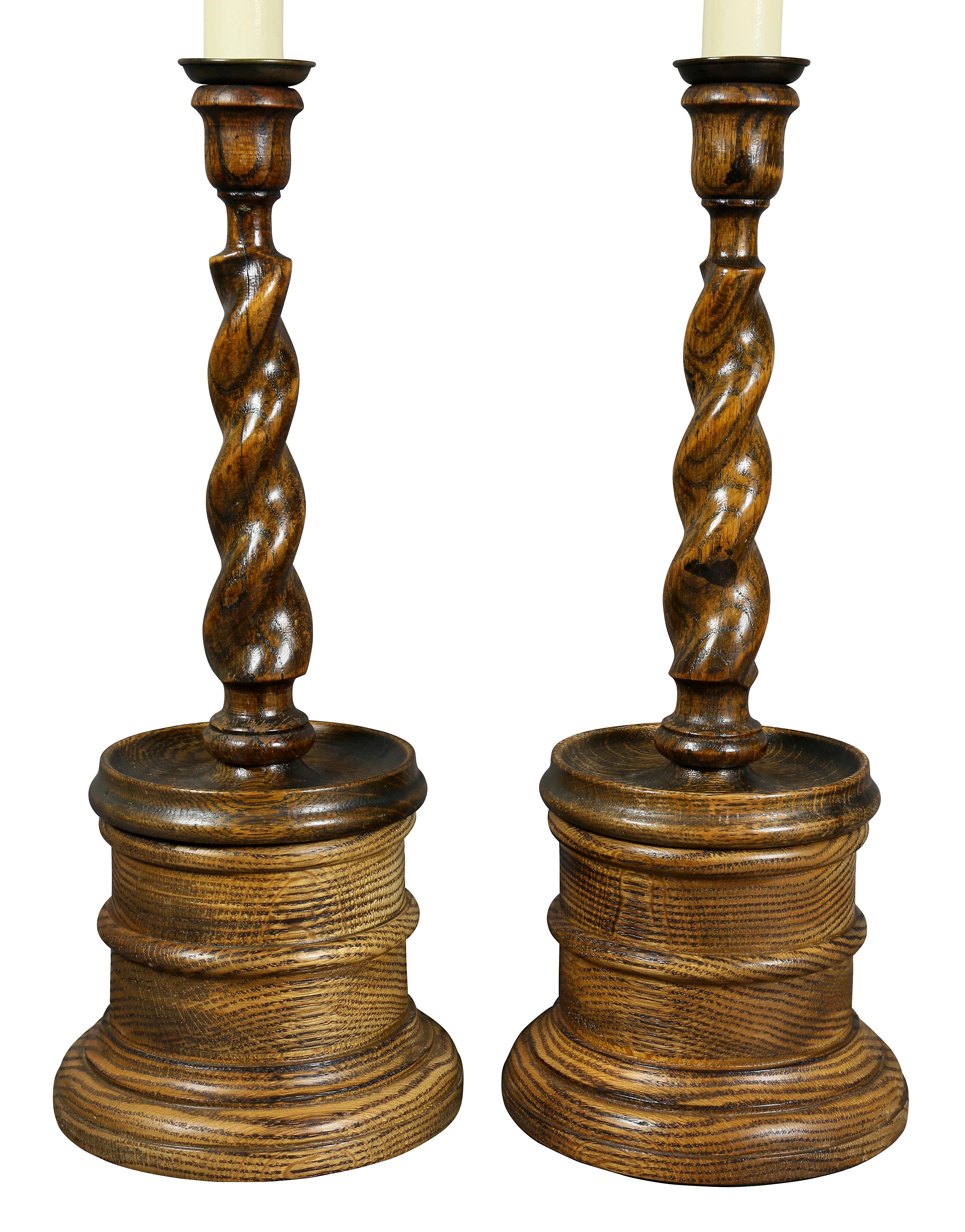 English Pair of Edwardian Oak Candlestick Lamps