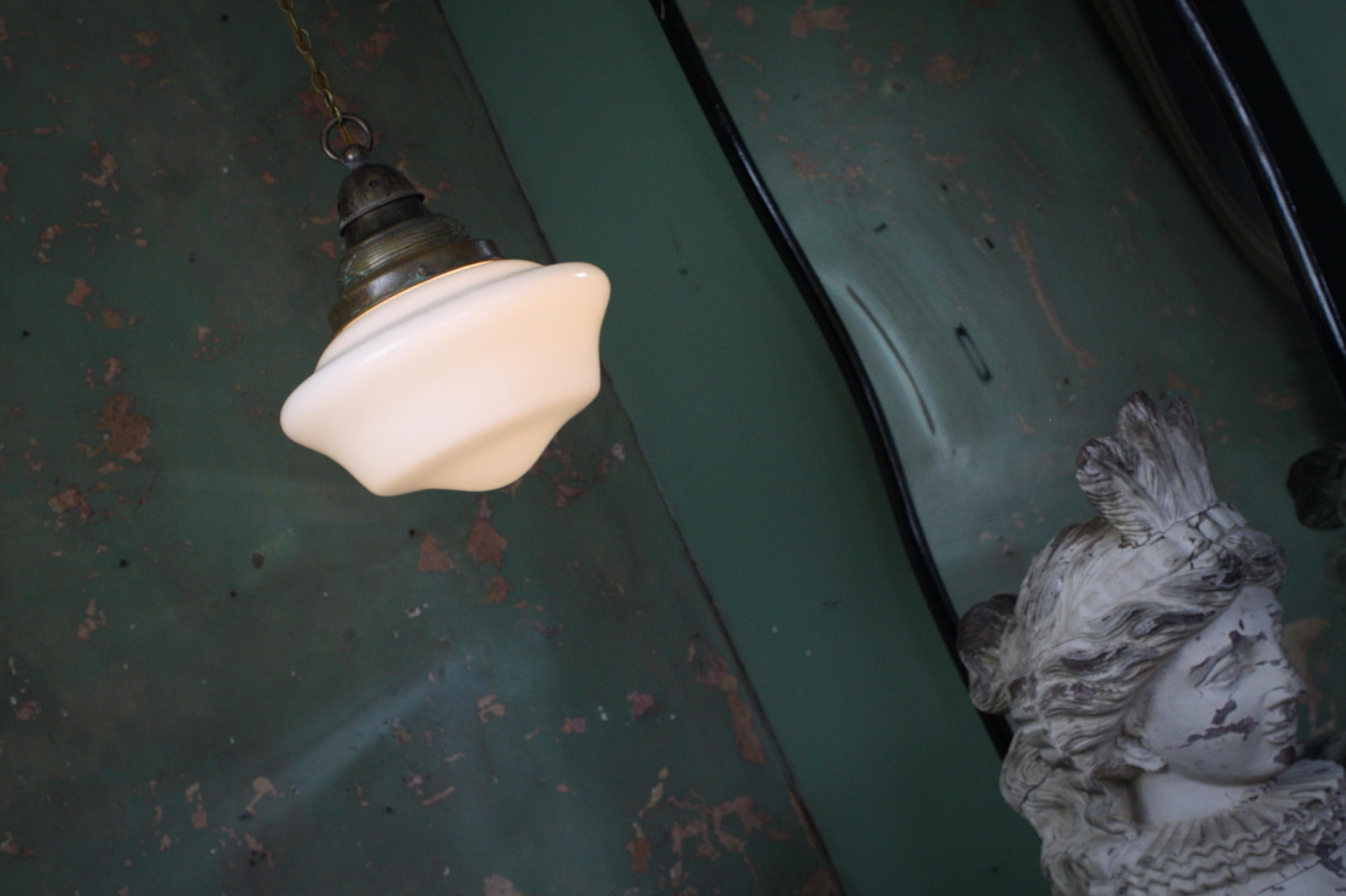 Pair of Edwardian Opaline Glass and Brass Pendants Lights 4