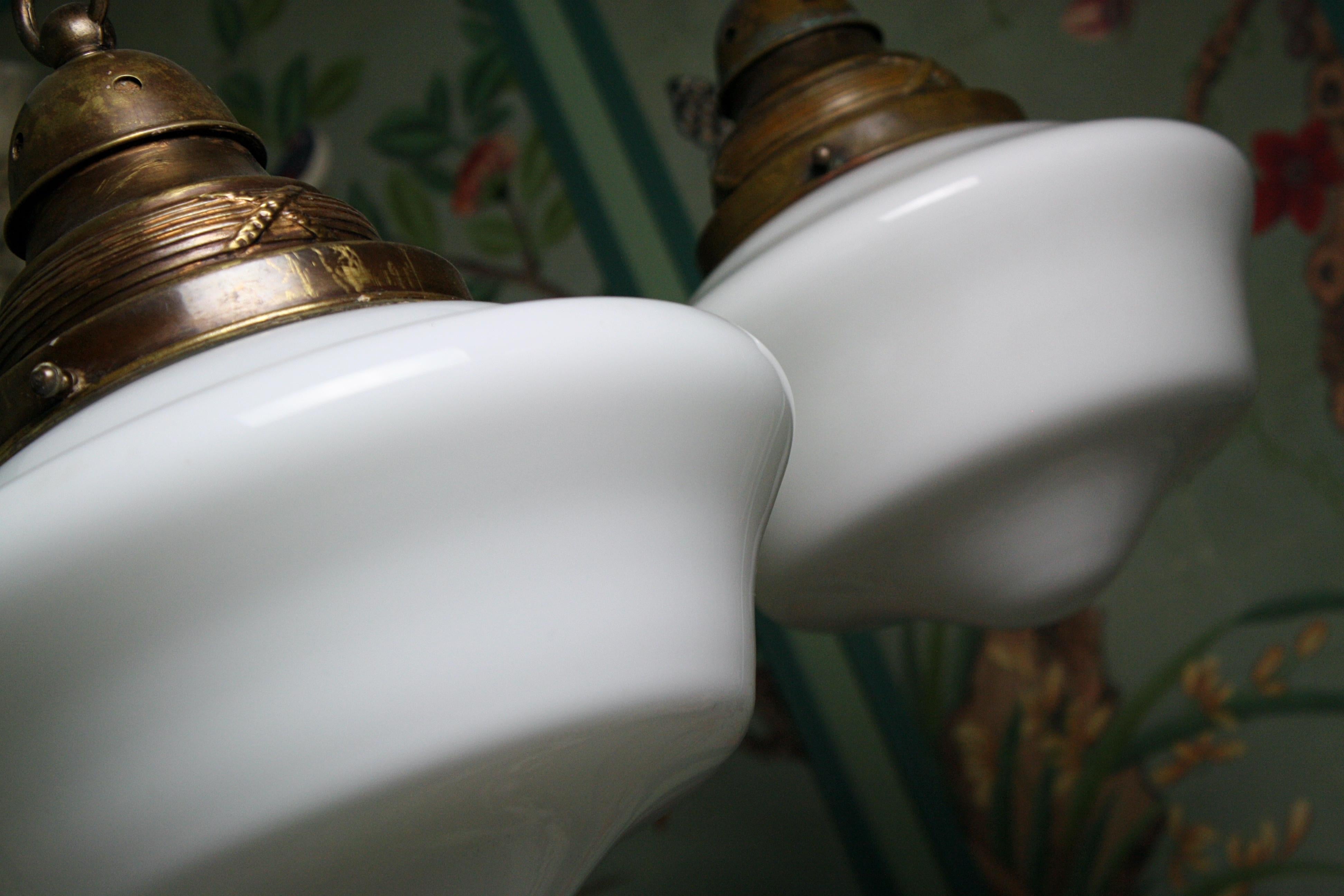 English Pair of Edwardian Opaline Glass and Brass Pendants Lights