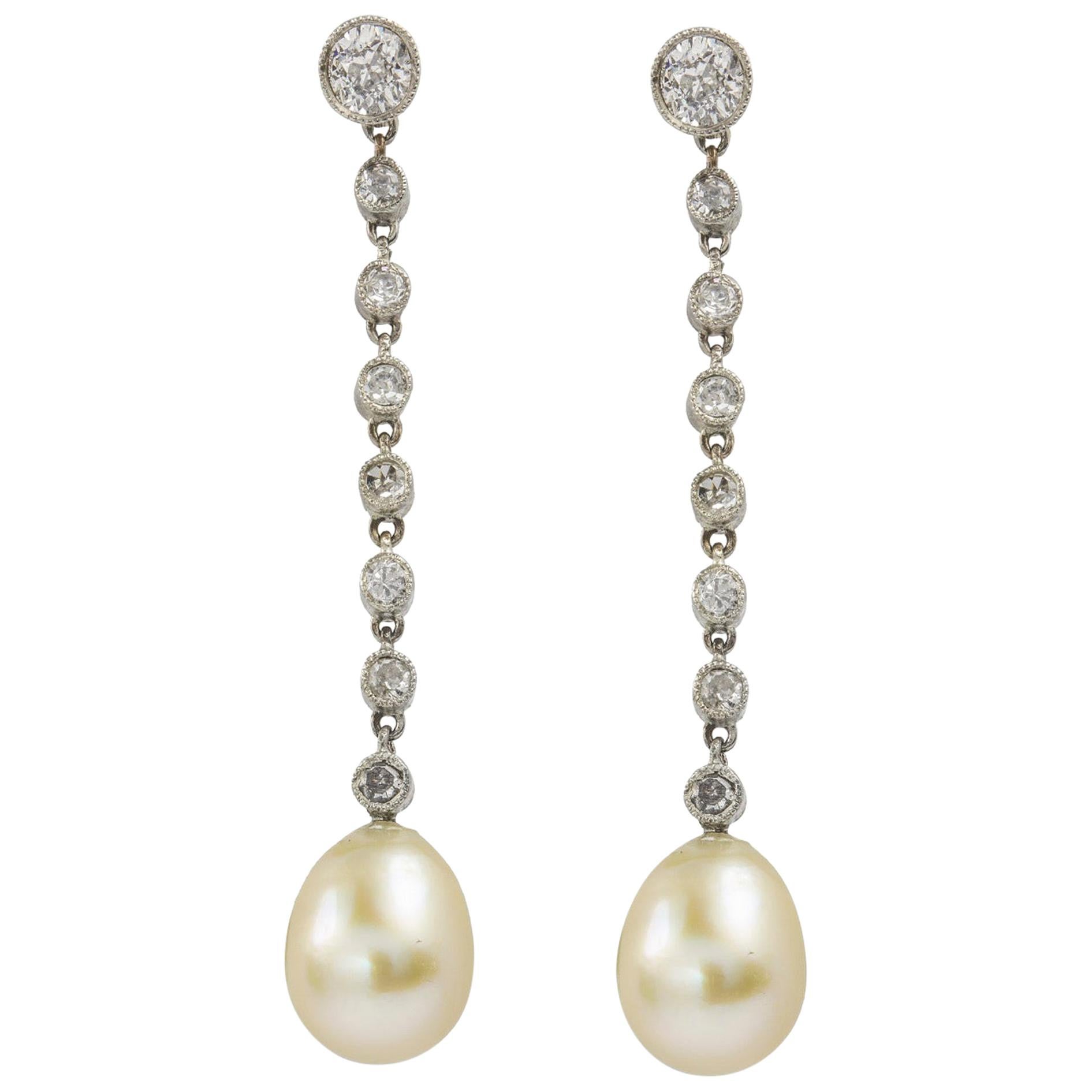 Pair of Edwardian Pearl and Diamond Drop Earrings For Sale