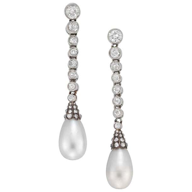 Pair of Edwardian Pearl and Diamond Drop Earrings For Sale at 1stDibs ...