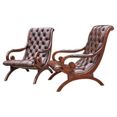 Pair of Edwardian Period Brown Leather Chesterfield Slipper Chairs