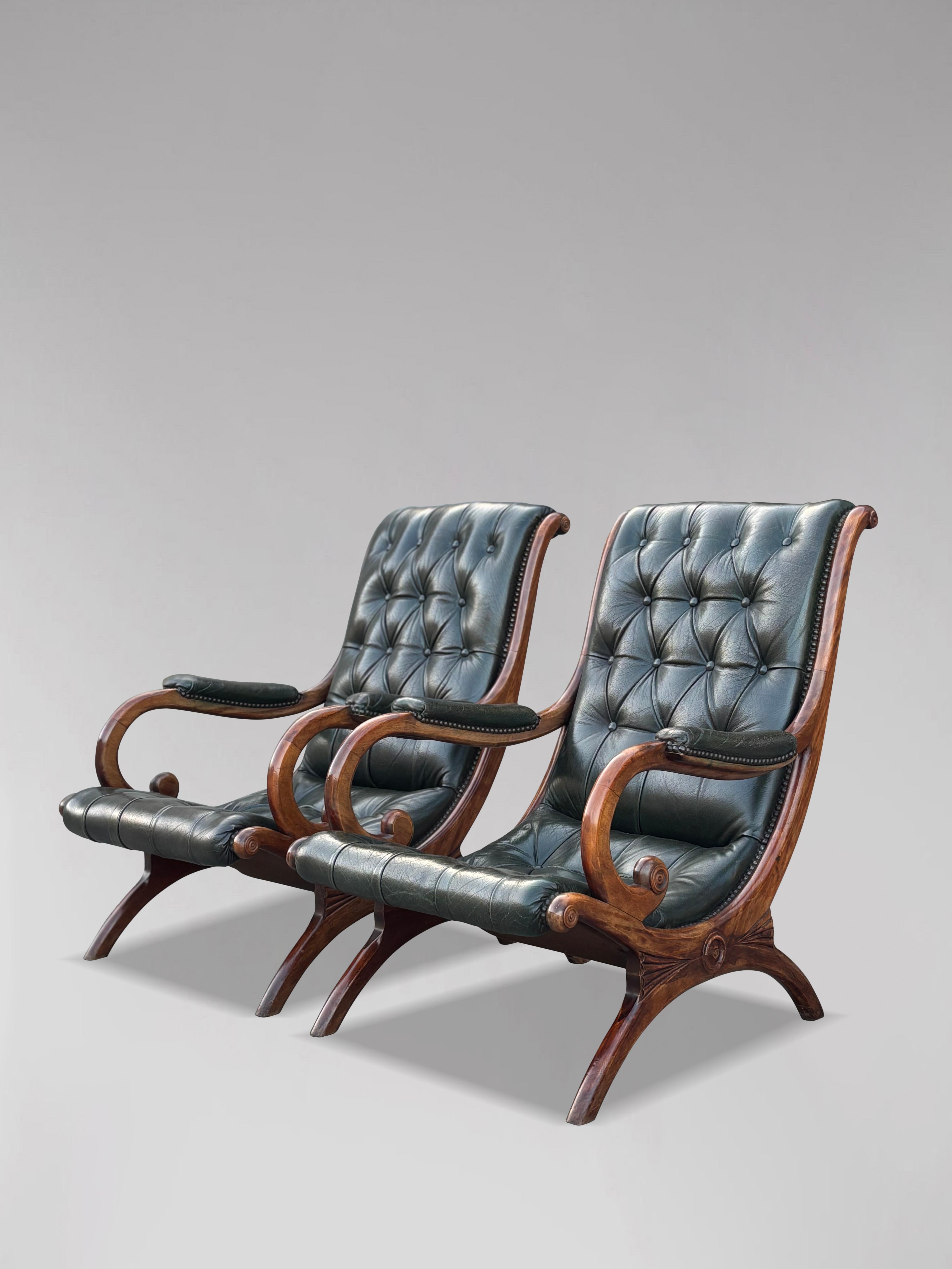 Pair of Edwardian Period Green Leather Chesterfield Slipper Armchairs For Sale 6