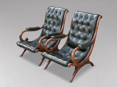 Pair of Edwardian Period Green Leather Chesterfield Slipper Armchairs