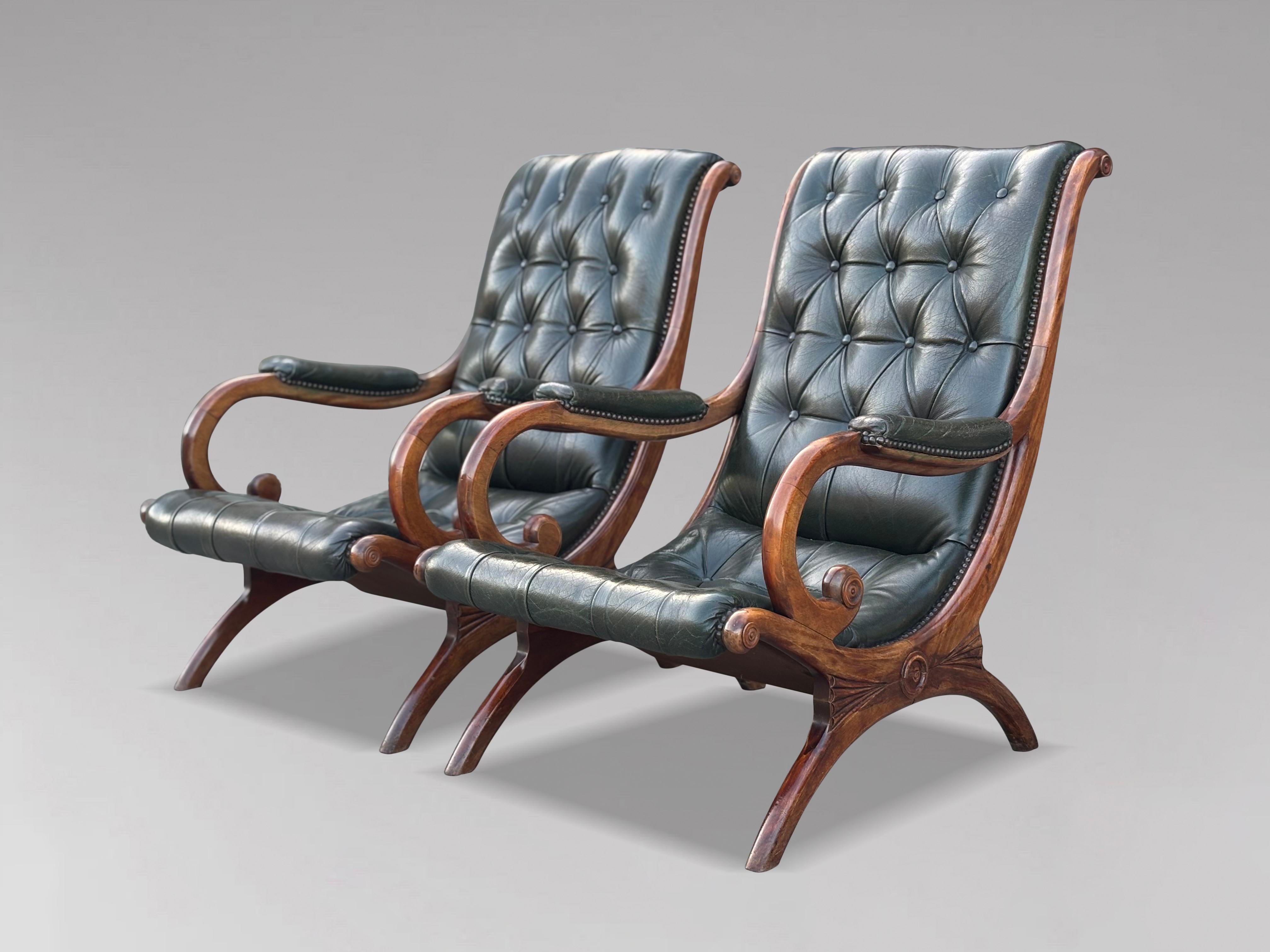 British Pair of Edwardian Period Green Leather Chesterfield Slipper Armchairs For Sale