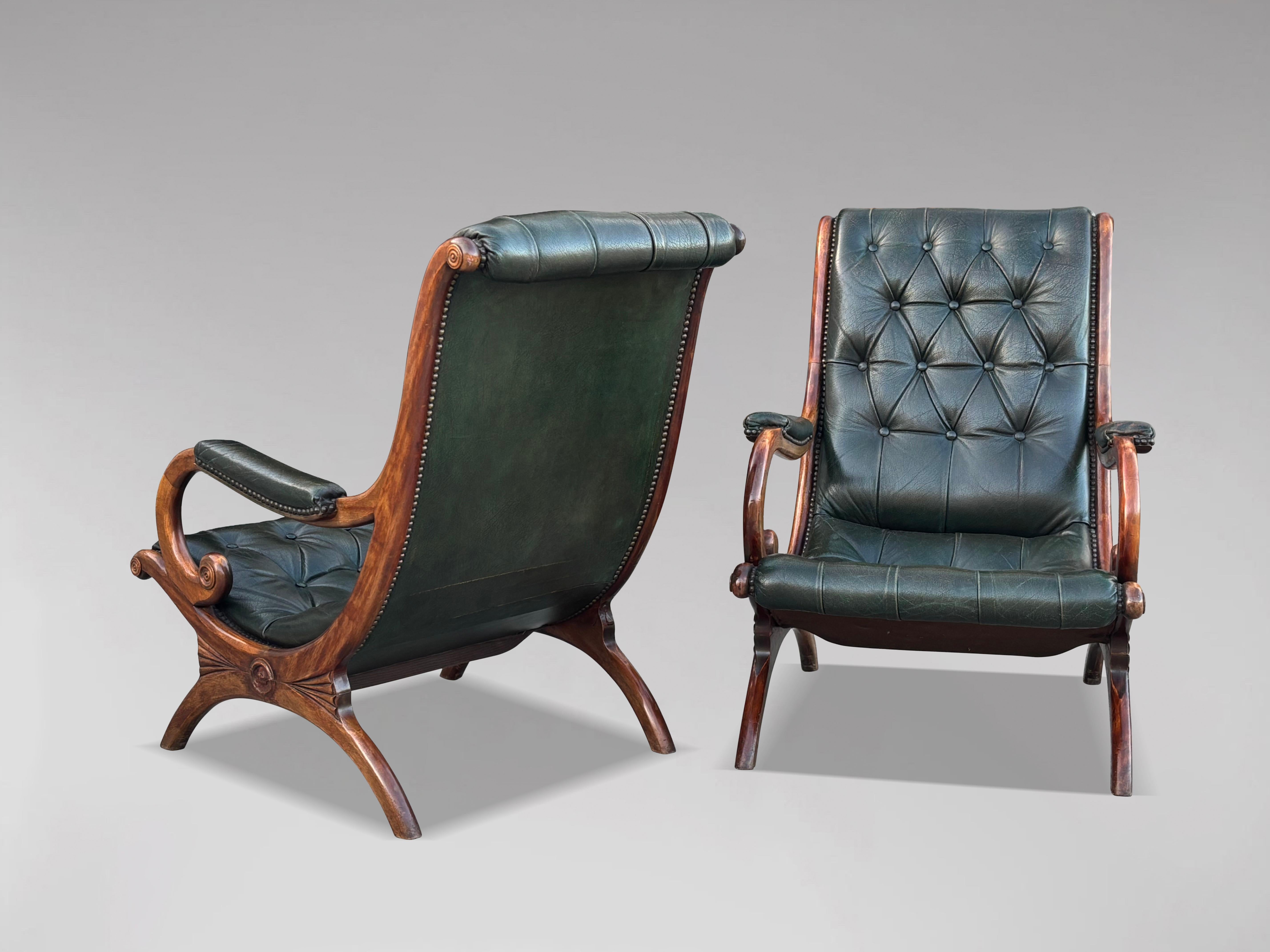 Pair of Edwardian Period Green Leather Chesterfield Slipper Armchairs In Good Condition For Sale In Petworth,West Sussex, GB
