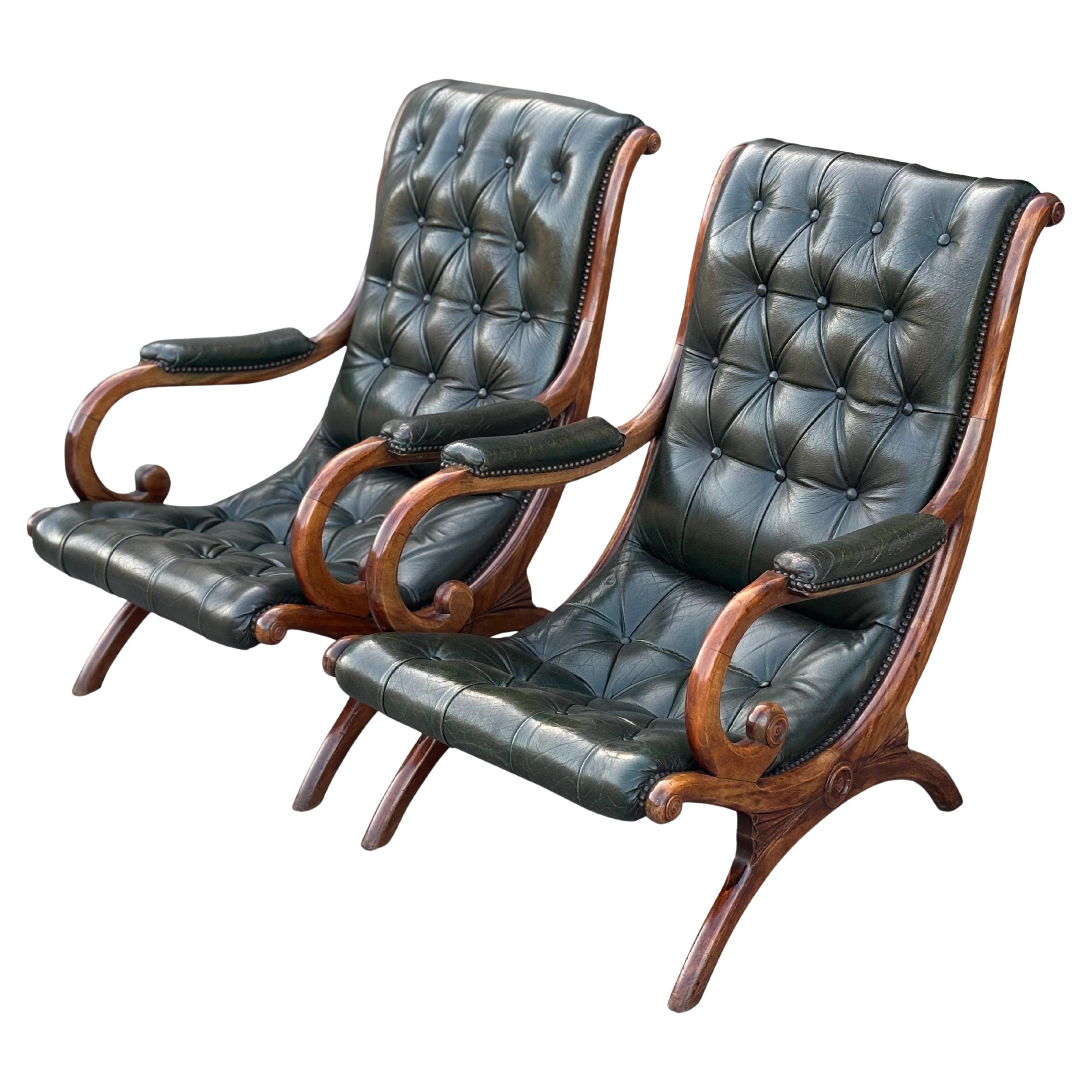 Pair of Edwardian Period Green Leather Chesterfield Slipper Armchairs For Sale