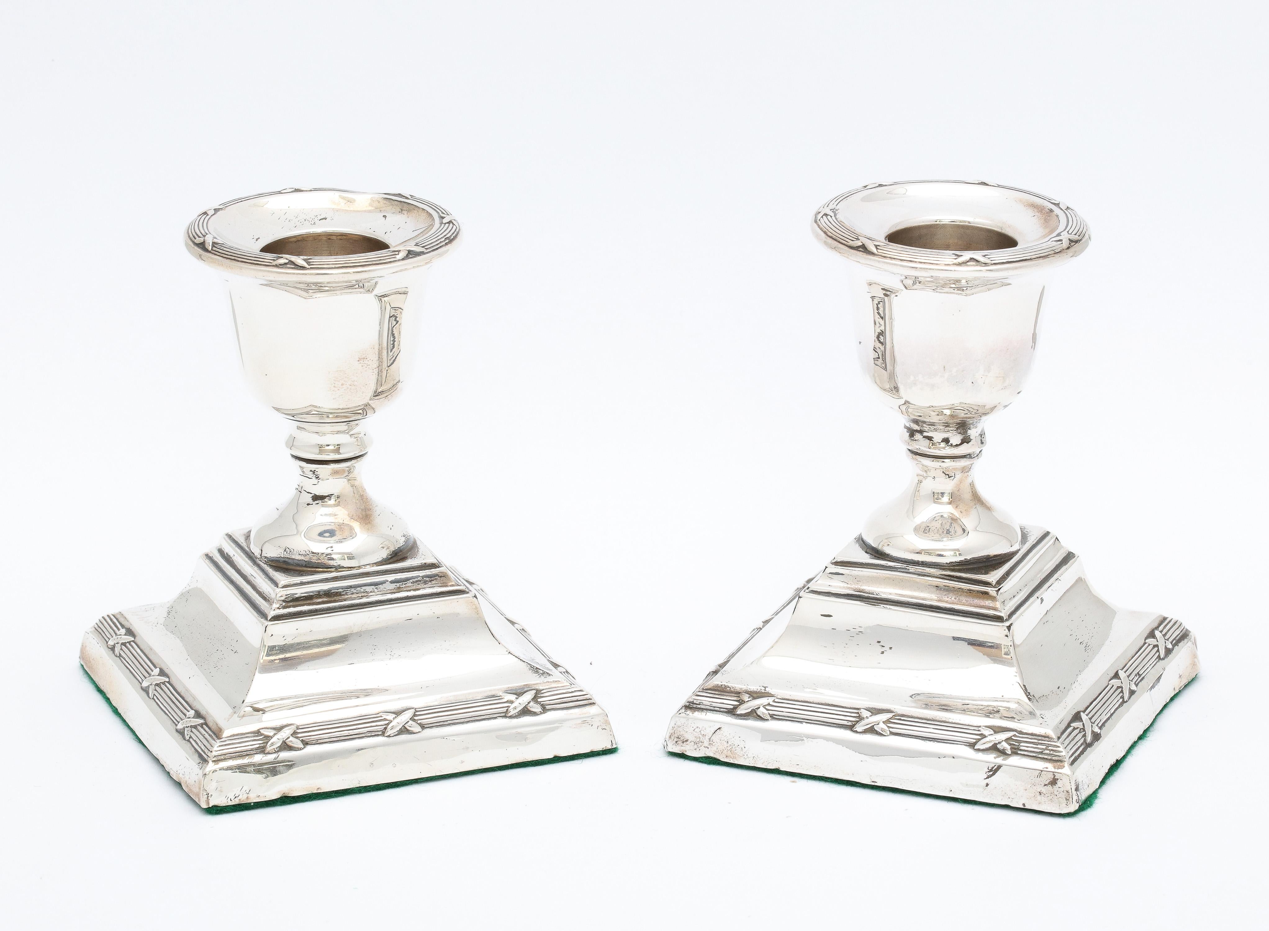 English Pair of Edwardian Period Sterling Silver Adams-Style Candlesticks