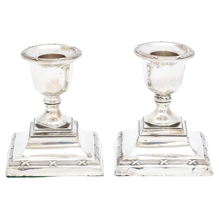 Pair of Edwardian Period Sterling Silver Adams-Style Candlesticks For Sale