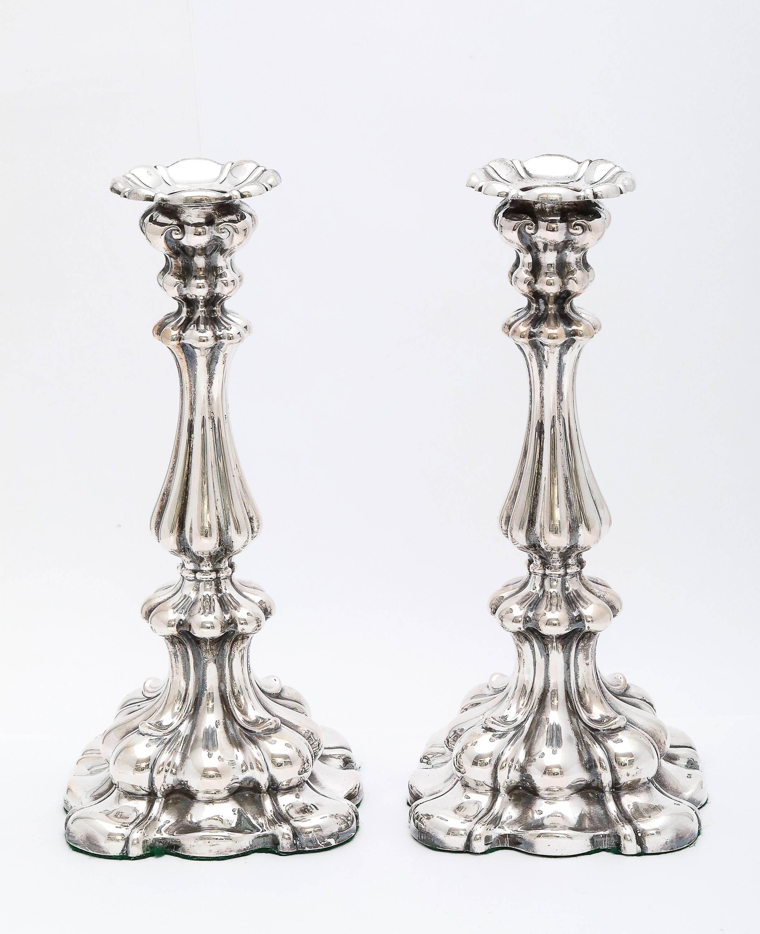 Edwardian Period, Continental Silver (.830) Sabbath candlesticks, Sweden (probably made for export to the European market), Ca. 1912. Each candlestick measures almost 9 inches high x 4 3/4 inches wide (at widest point across base) x 4 3/4 inches