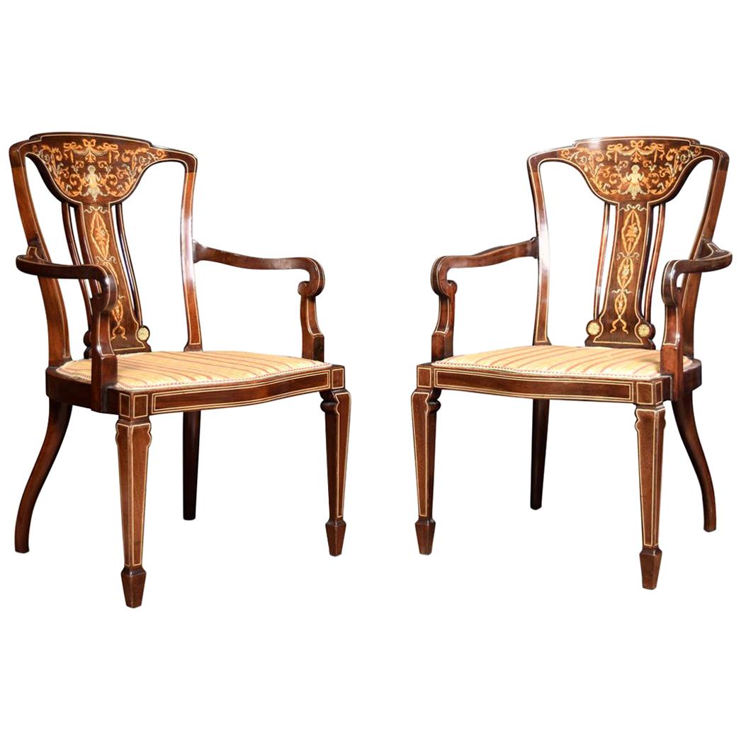 Pair of Edwardian Rosewood Inlaid Armchairs
