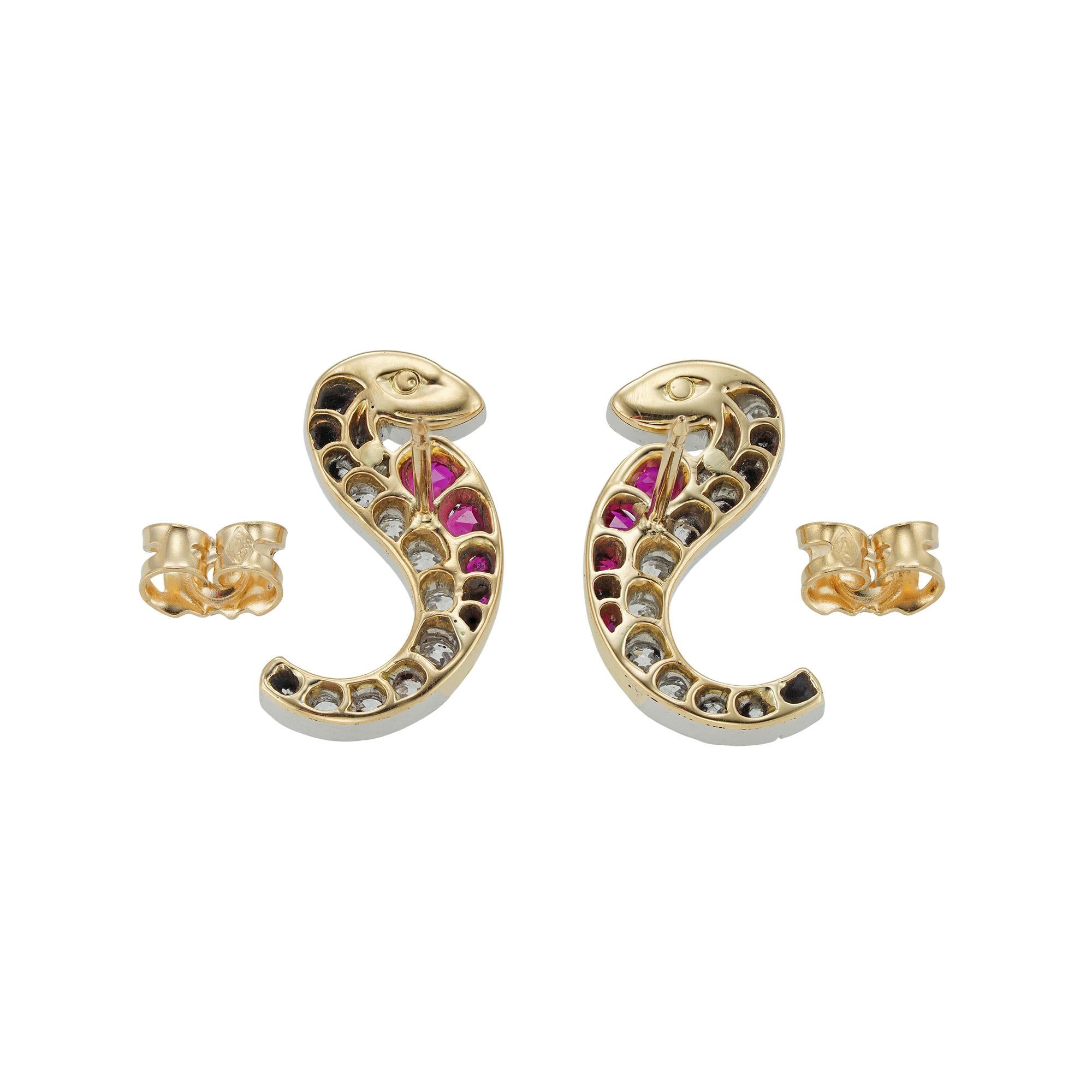 Old European Cut Pair of Late Victorian Ruby and Diamond Serpent Earrings