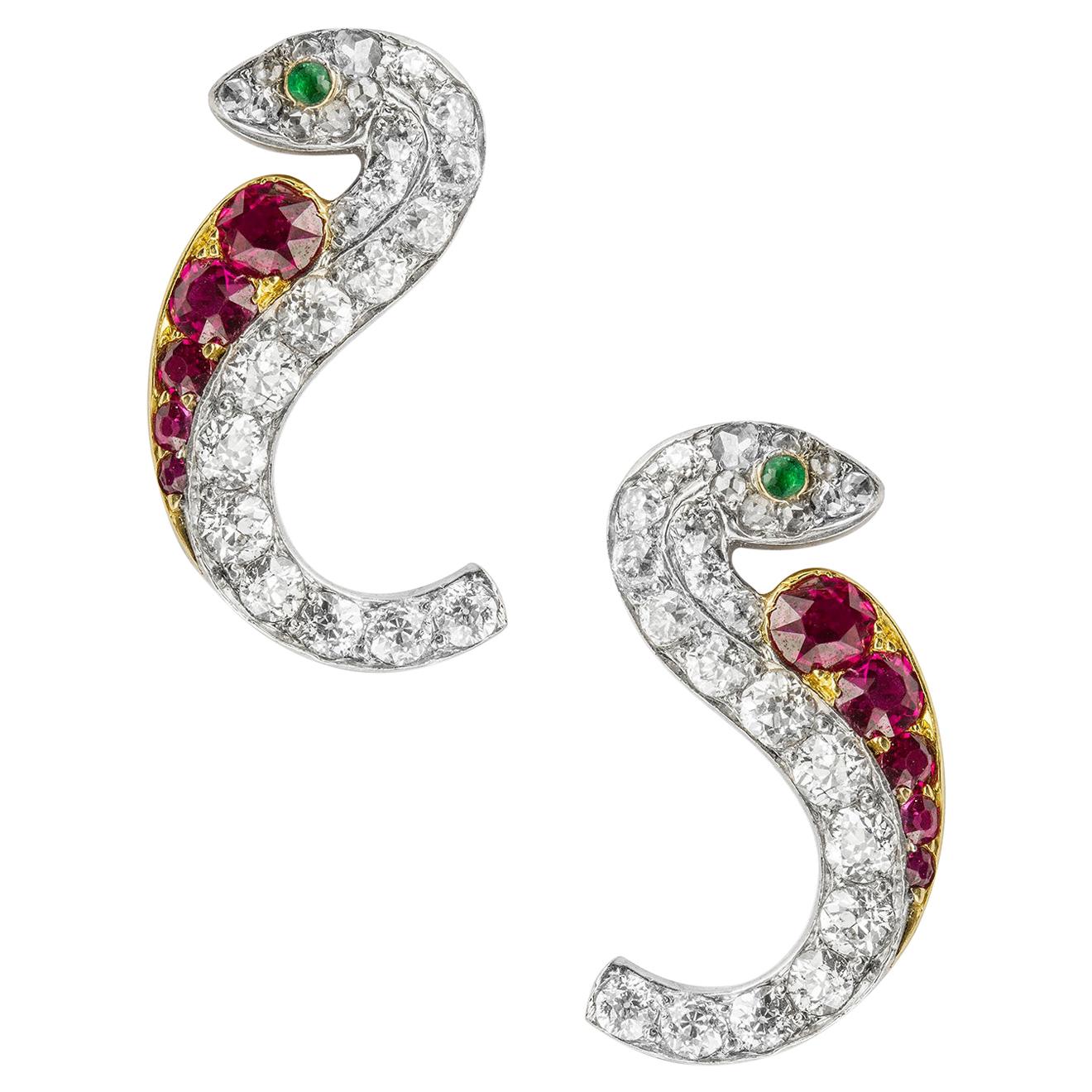 Pair of Late Victorian Ruby and Diamond Serpent Earrings