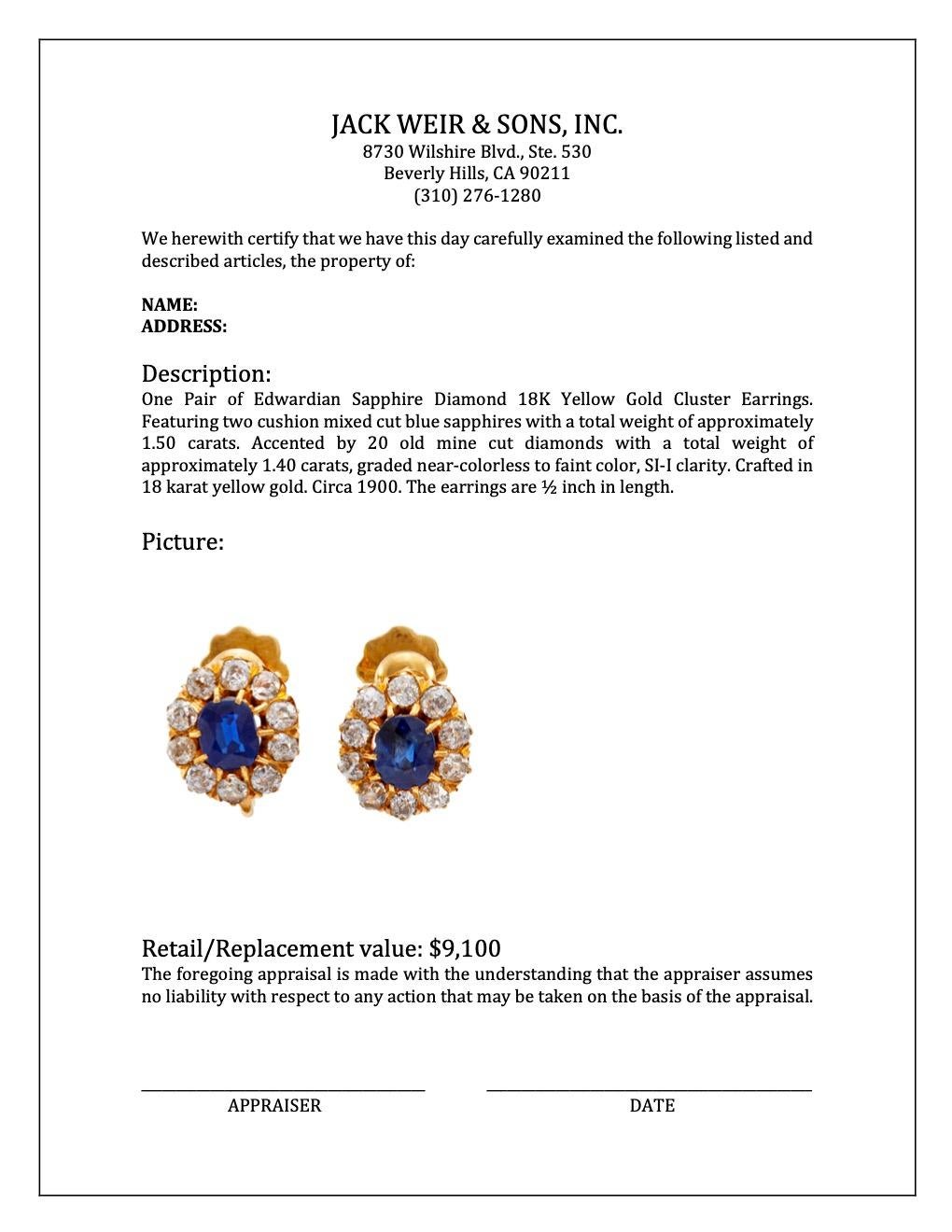 Pair of Edwardian Sapphire Diamond 18K Yellow Gold Cluster Earrings 1