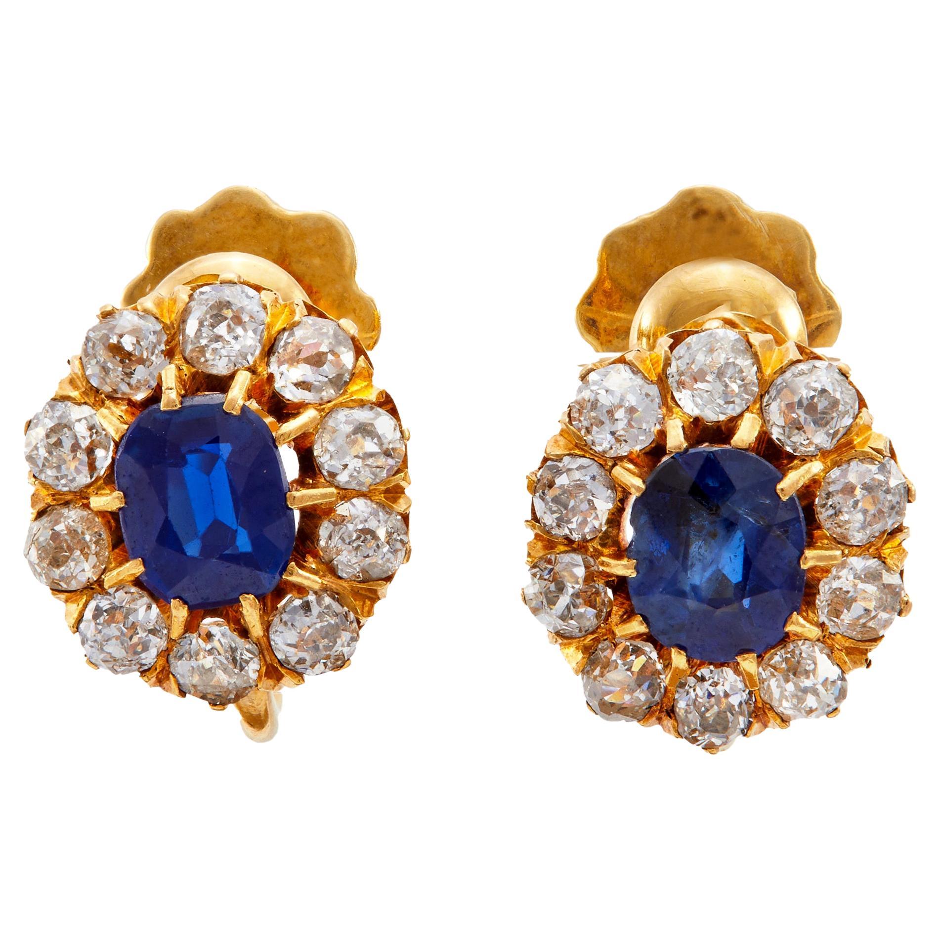 Pair of Edwardian Sapphire Diamond 18K Yellow Gold Cluster Earrings