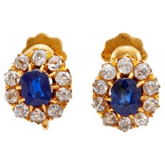 Antique Pair of Edwardian Sapphire Diamond 18K Yellow Gold Cluster Earrings