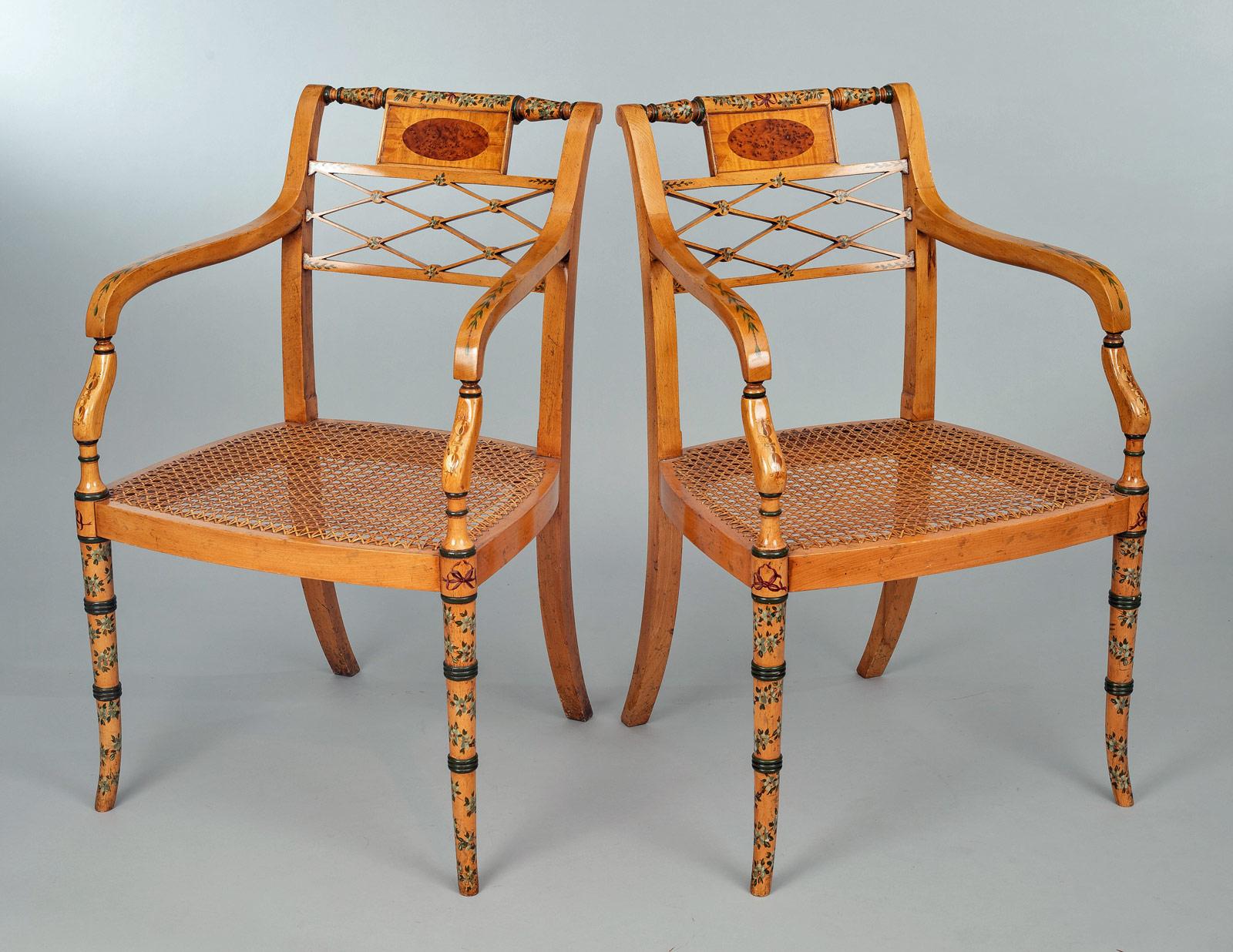 English Pair of Edwardian Satinwood Armchairs For Sale