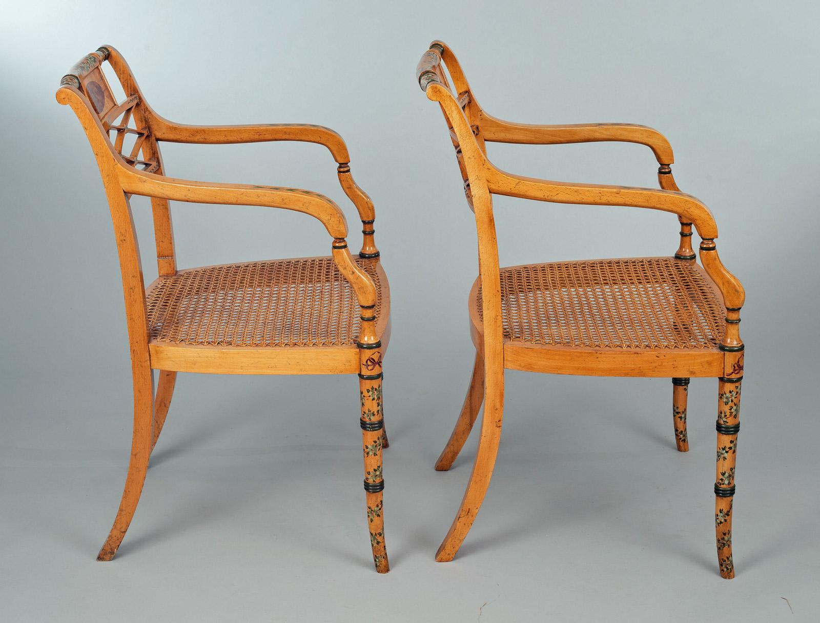 Painted Pair of Edwardian Satinwood Armchairs For Sale