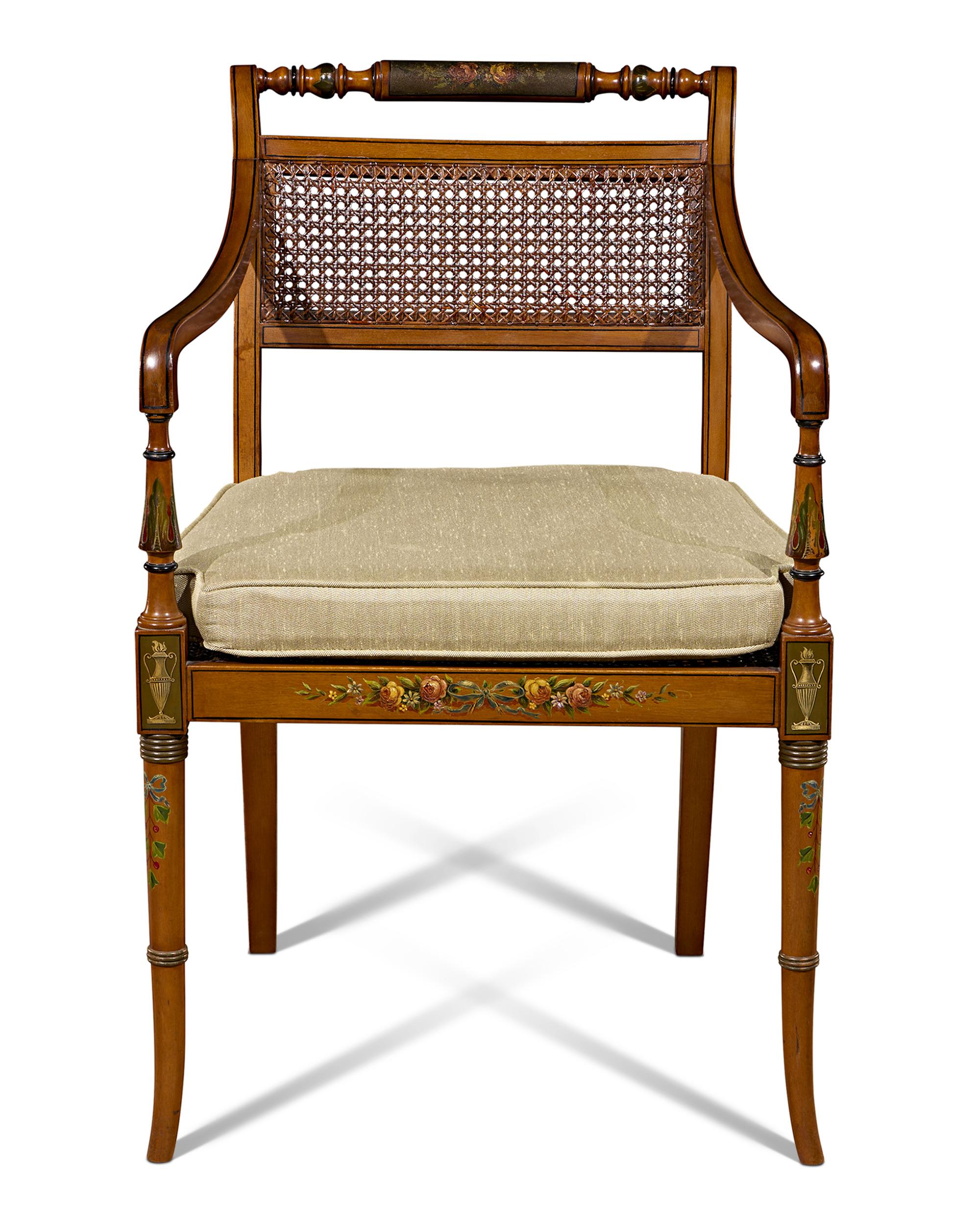 English Pair of Edwardian Satinwood Cane Chairs For Sale