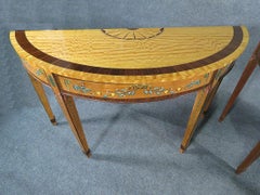 Pair of Edwardian Satinwood Paint Decorated Adams Demilune Console Tables