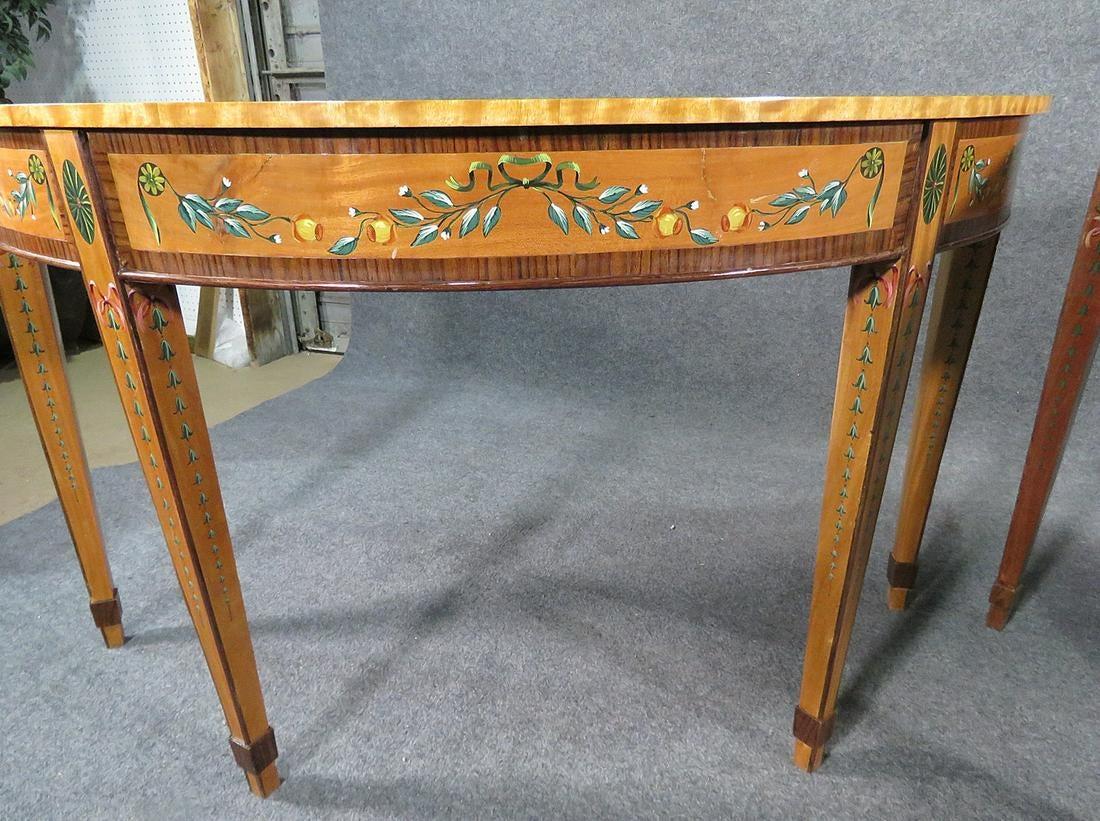 Adam Style Pair of Edwardian Satinwood Paint Decorated Adams Demilune Console Tables