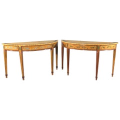 Pair of Edwardian Satinwood Paint Decorated Adams Demilune Console Tables