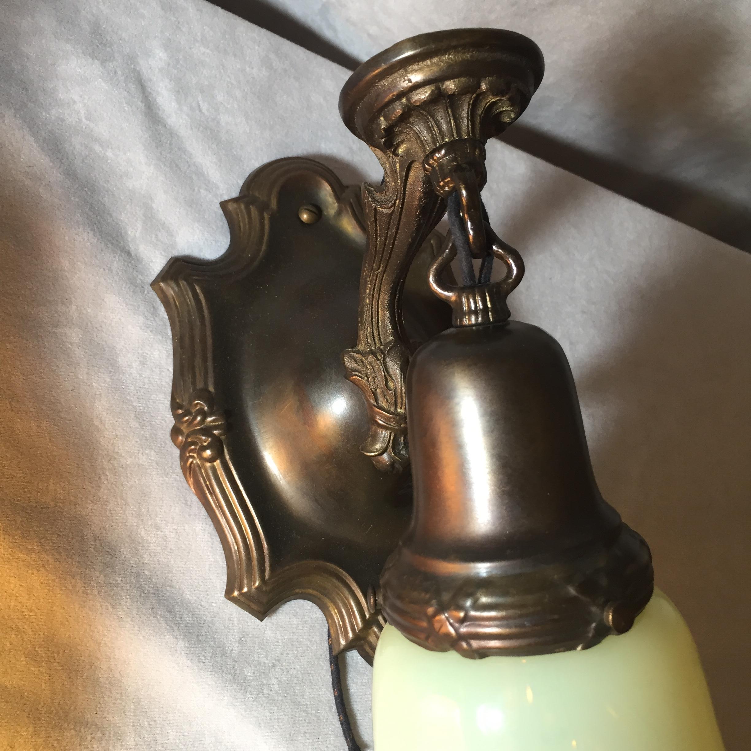 American Pair of Edwardian Sconces with Vaseline Glass Shades, circa 1910