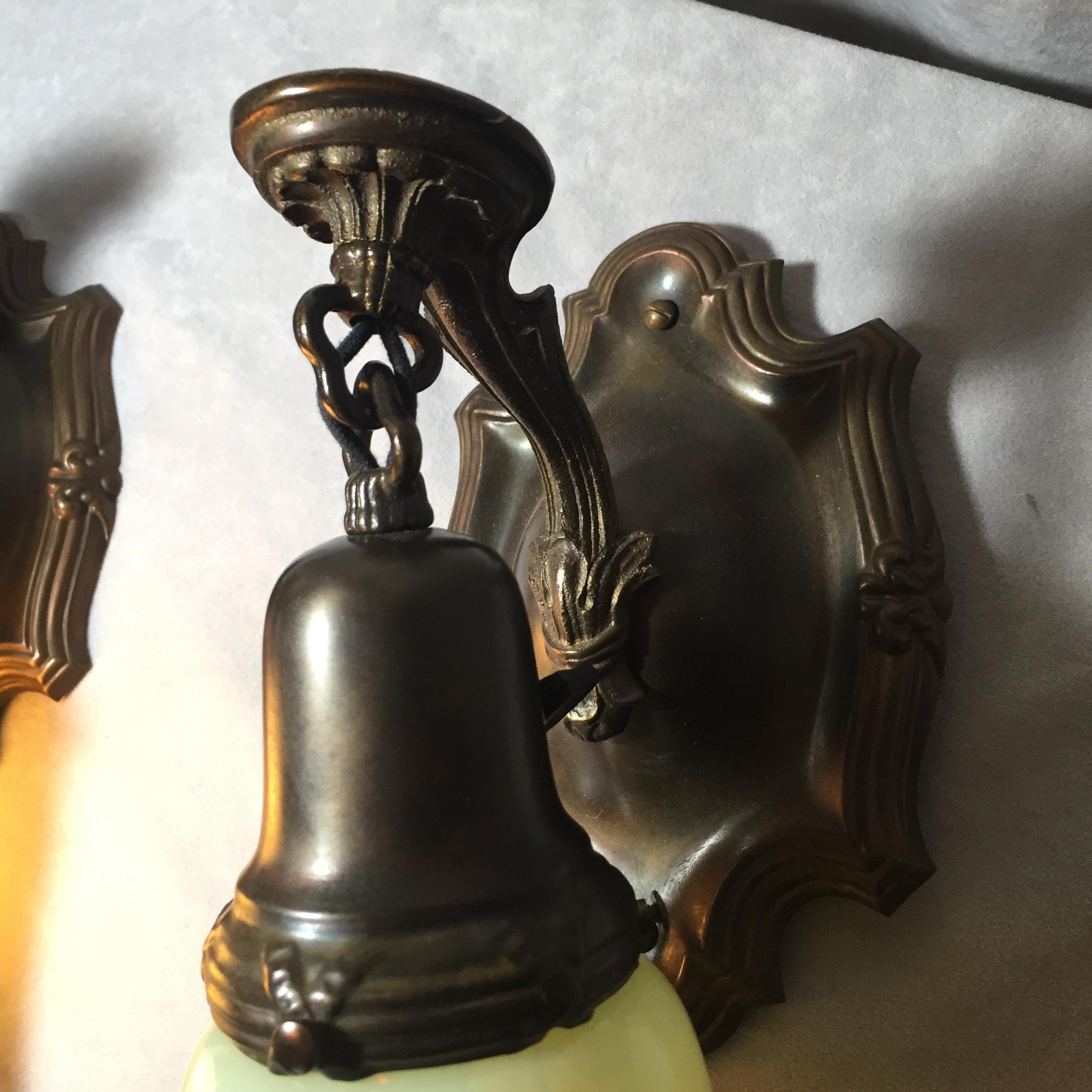 Hand-Crafted Pair of Edwardian Sconces with Vaseline Glass Shades, circa 1910