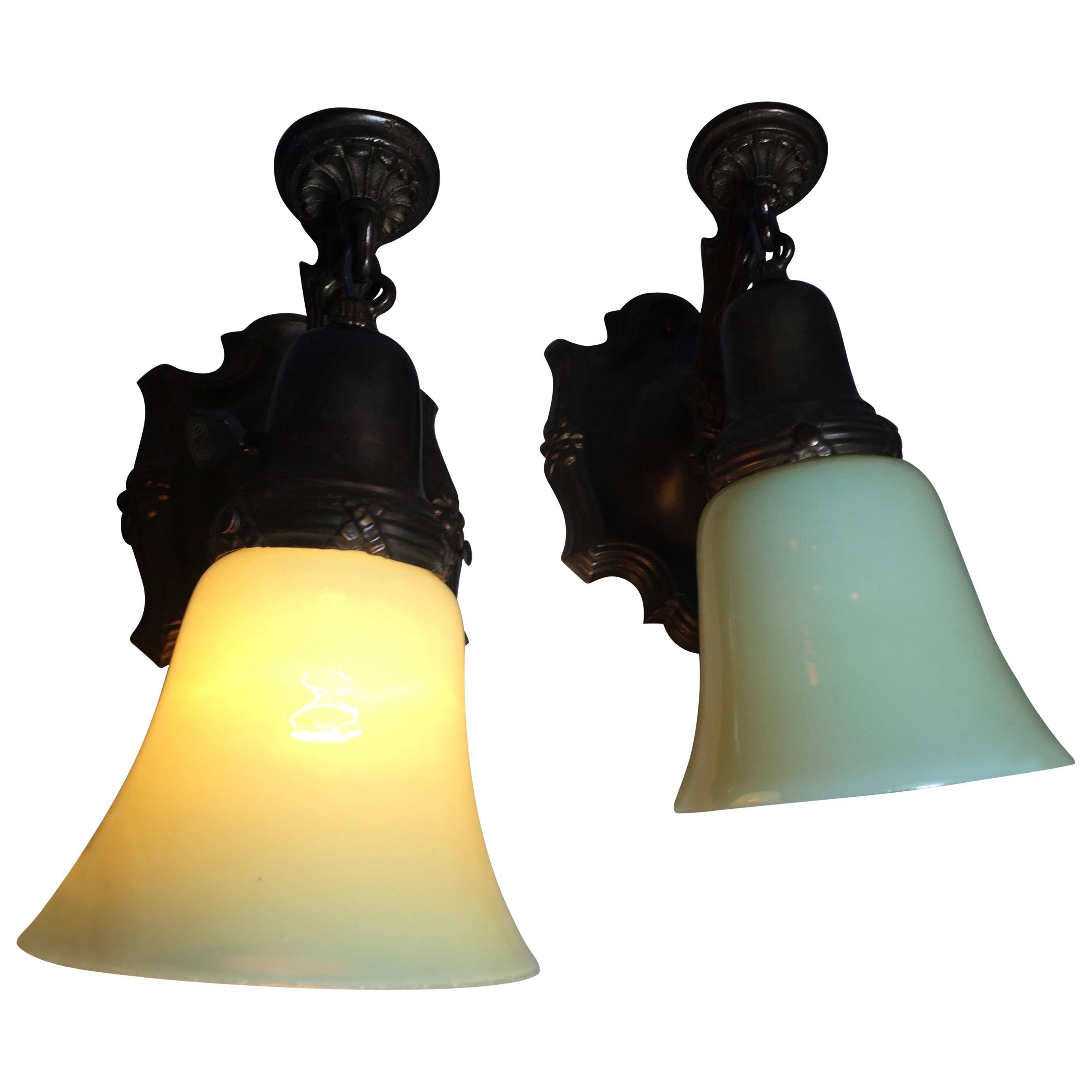 Pair of Edwardian Sconces with Vaseline Glass Shades, circa 1910