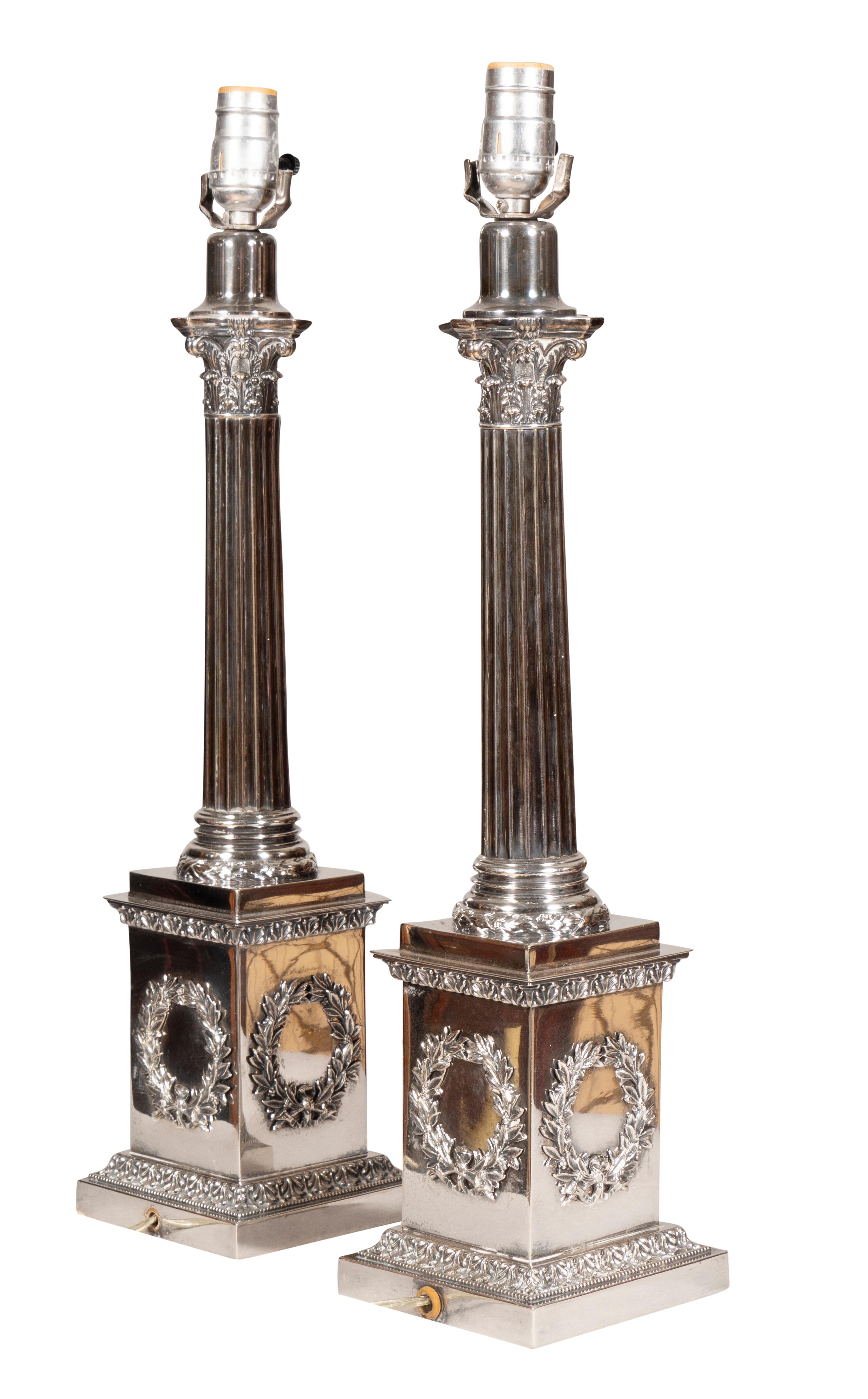 Pair Of Edwardian Silver Plated Table Lamps In Good Condition In Essex, MA