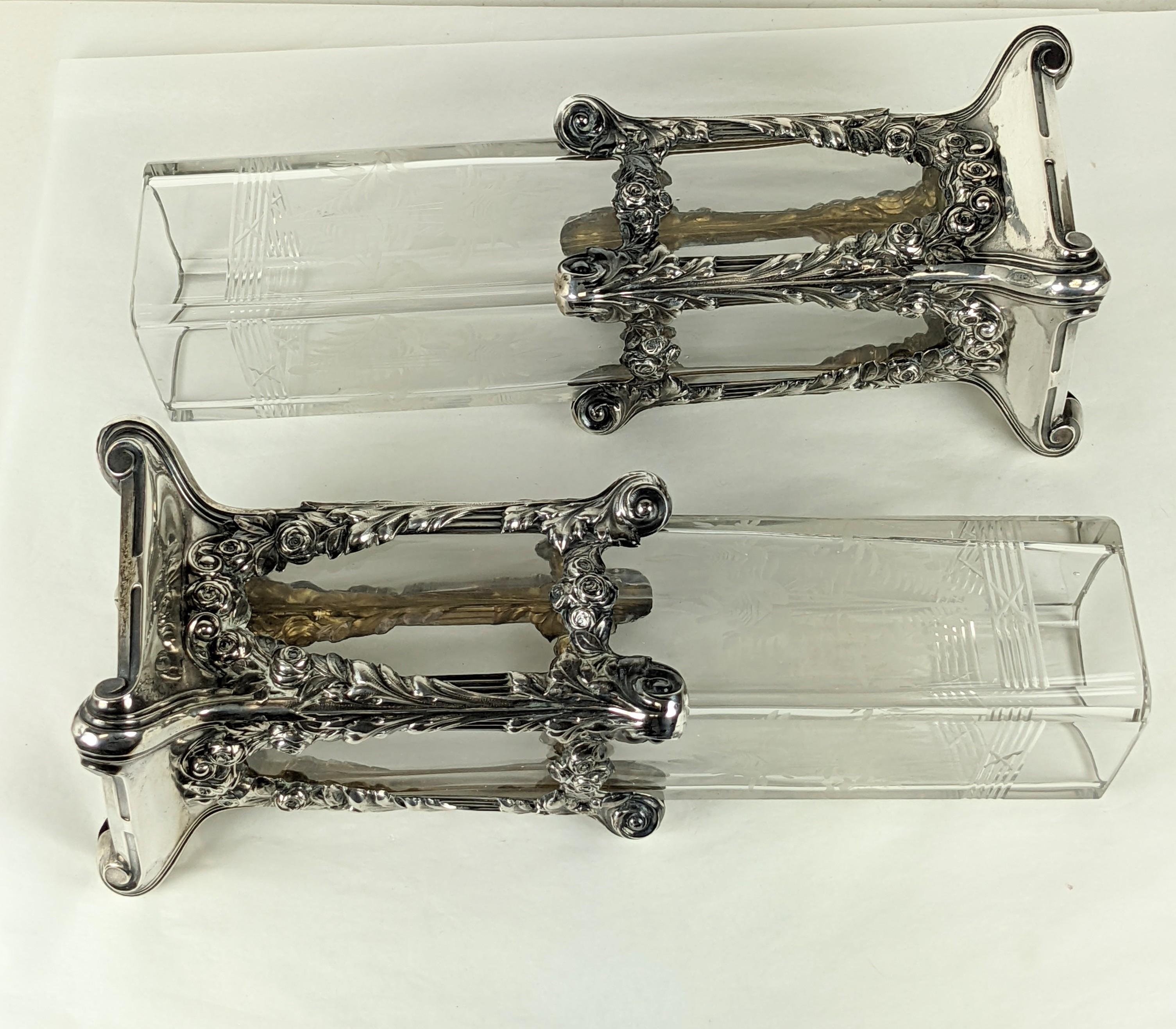 Pair of Edwardian Sterling and Etched Glass Vases For Sale 5