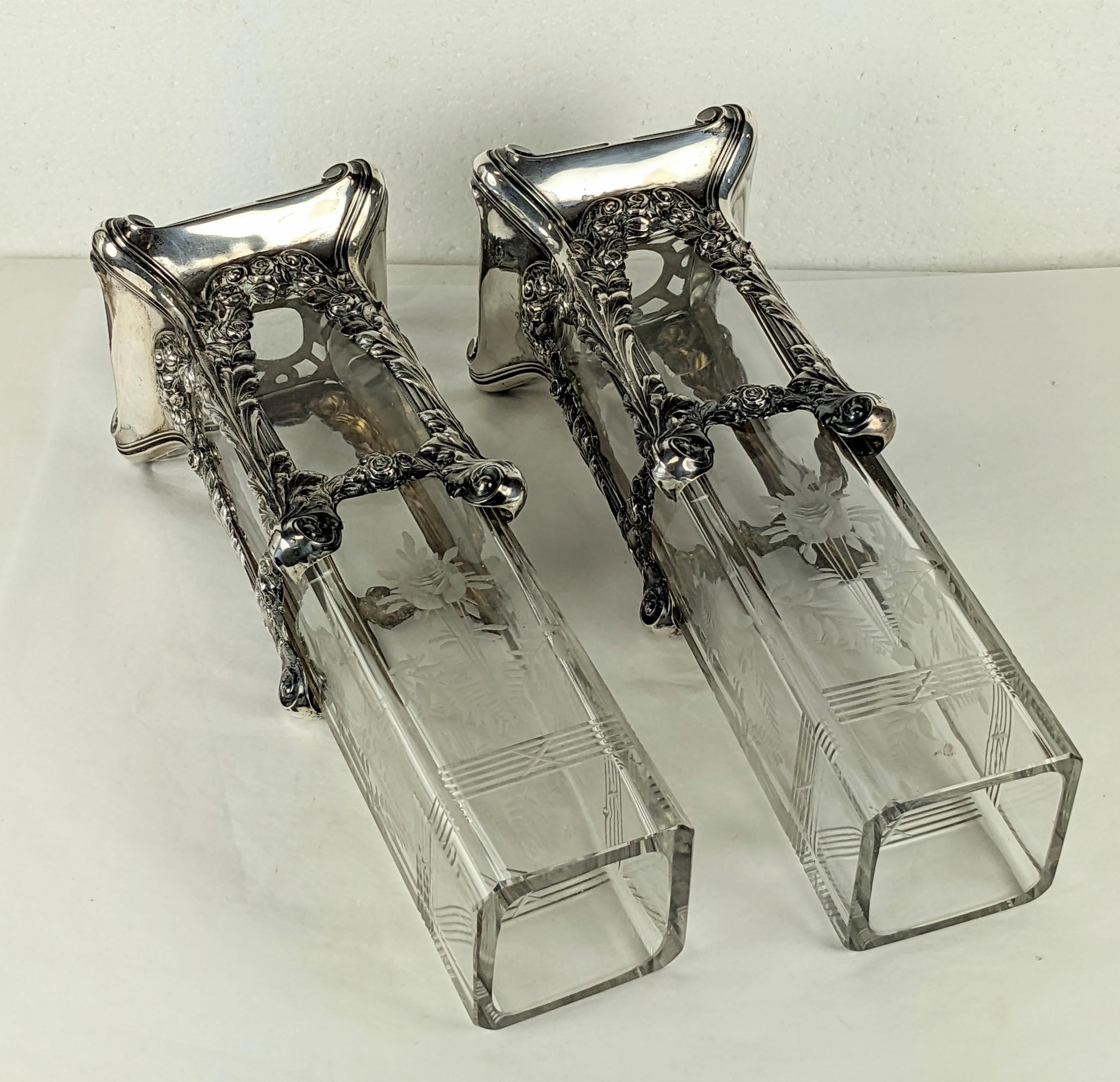 Pair of Edwardian Sterling and Etched Glass Vases For Sale 6