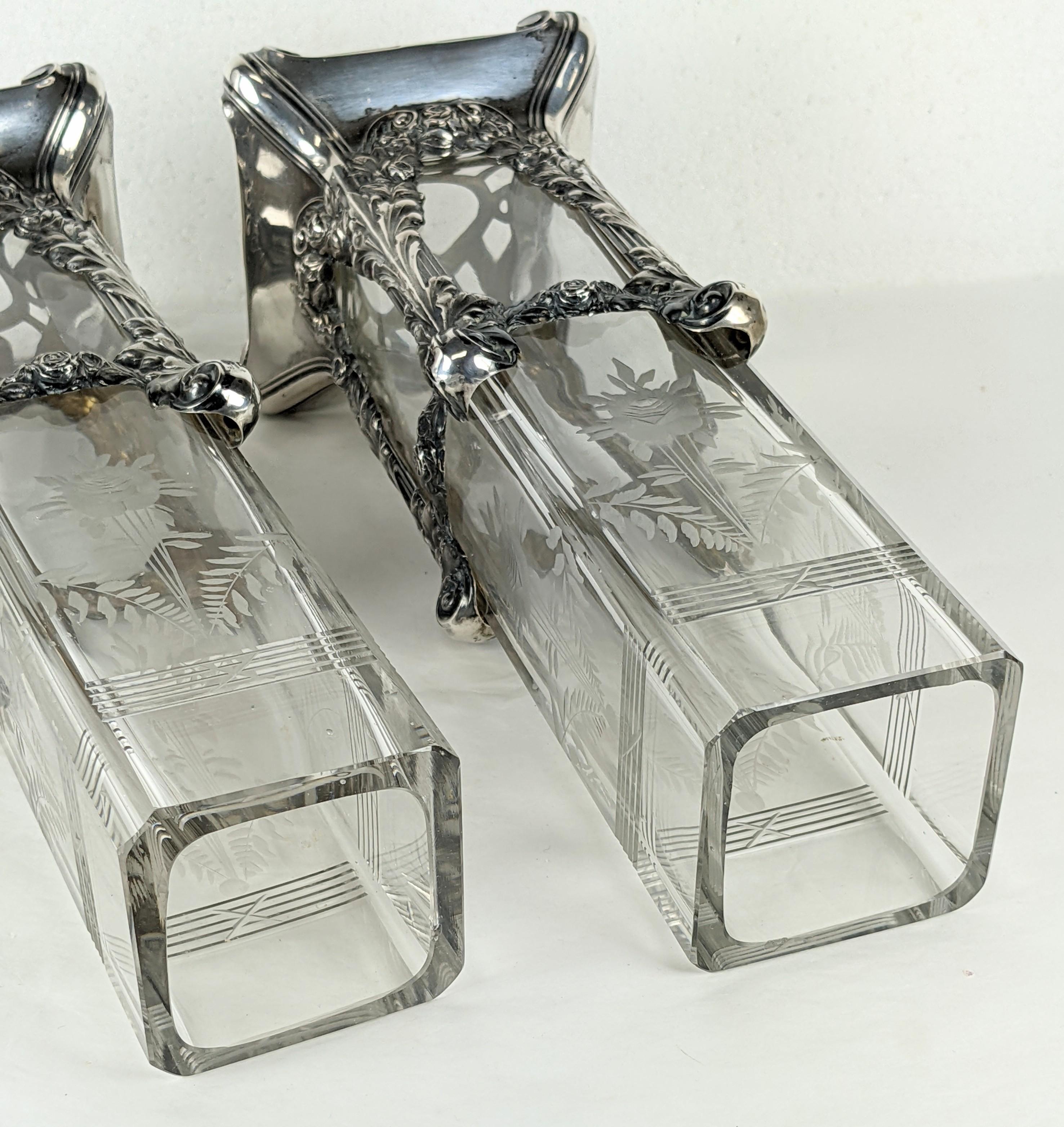 Pair of Edwardian Sterling and Etched Glass Vases For Sale 7