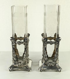 Pair of Edwardian Sterling and Etched Glass Vases