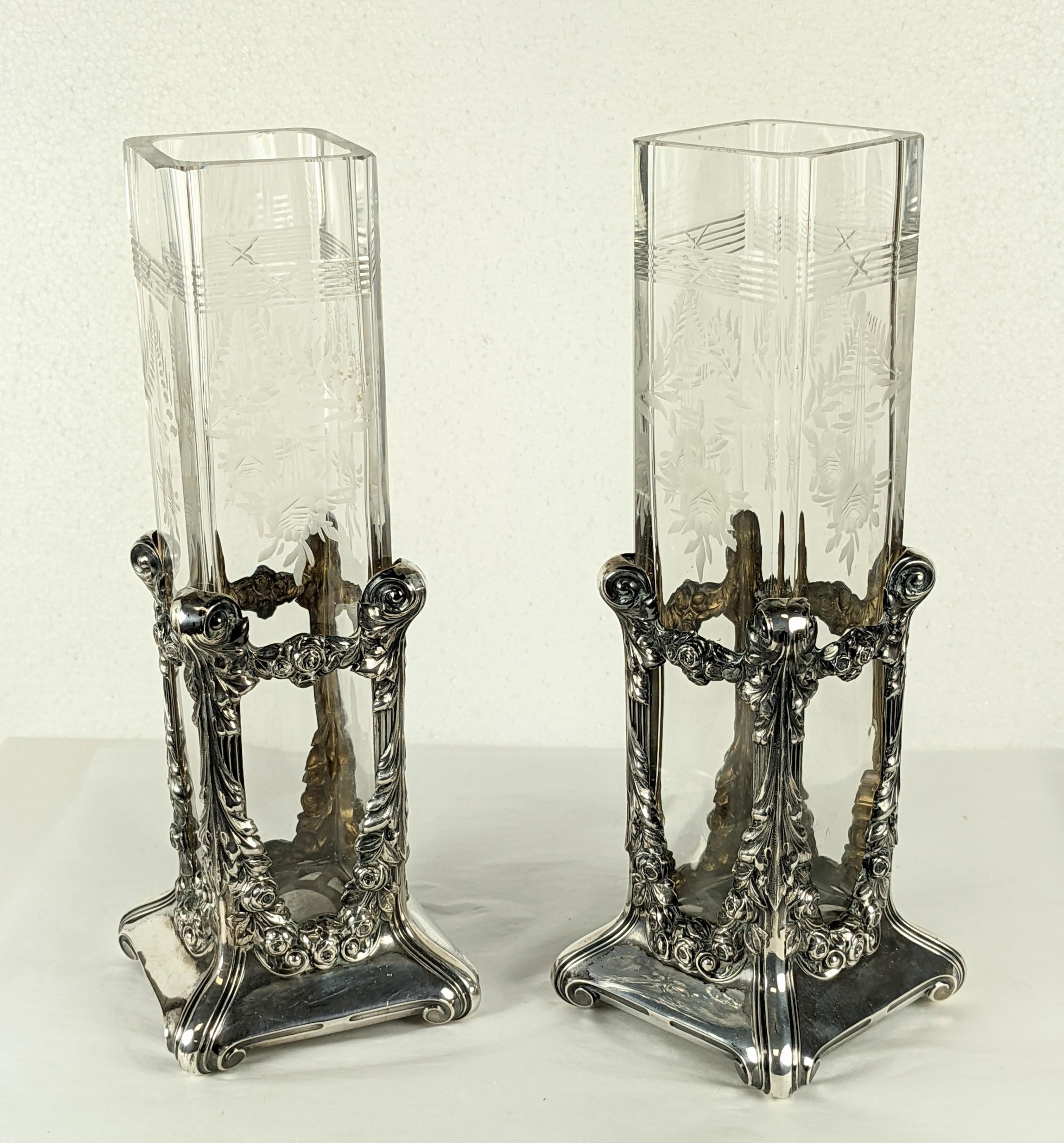 Repoussé Pair of Edwardian Sterling and Etched Glass Vases For Sale