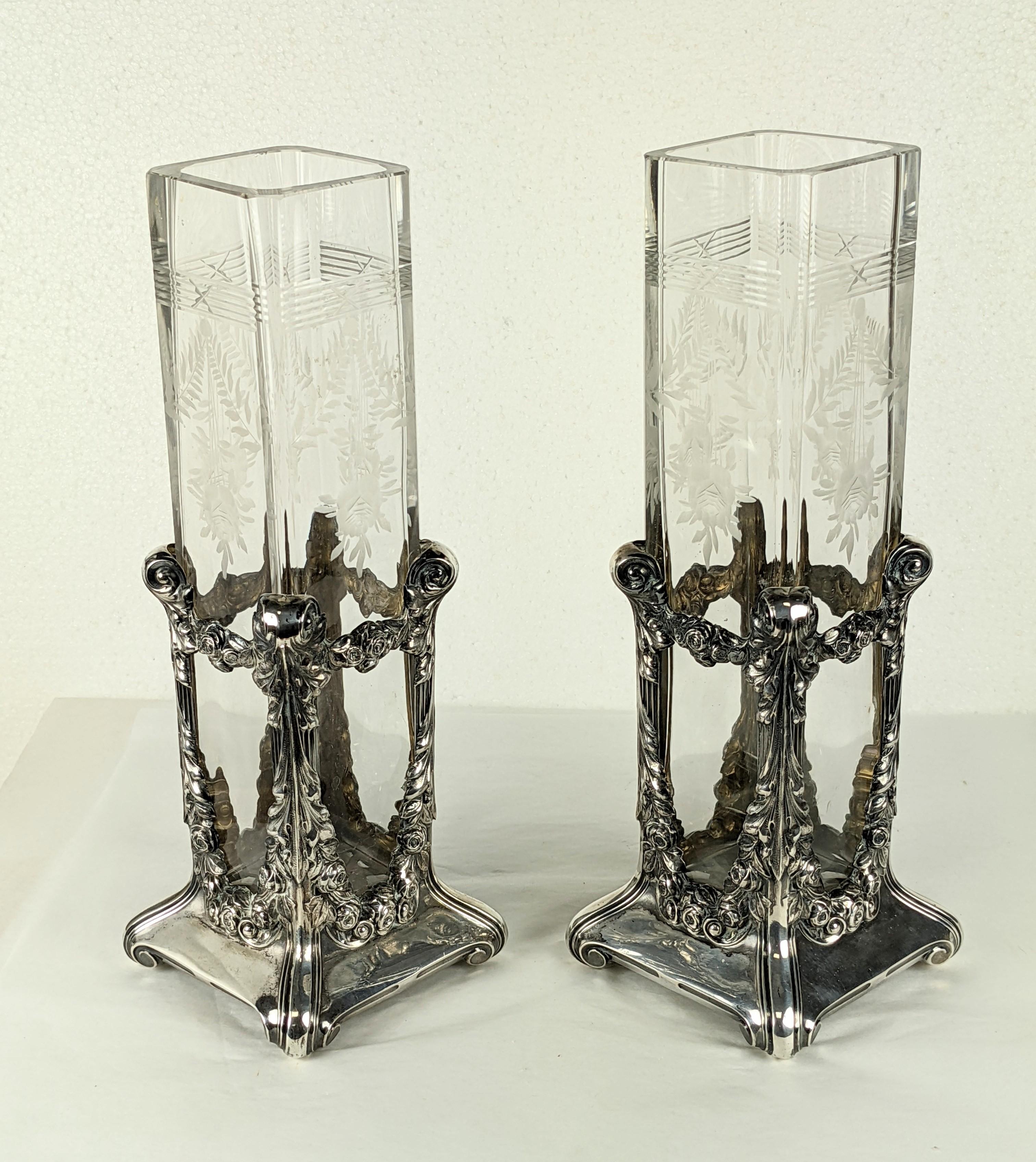 Pair of Edwardian Sterling and Etched Glass Vases In Excellent Condition For Sale In Riverdale, NY