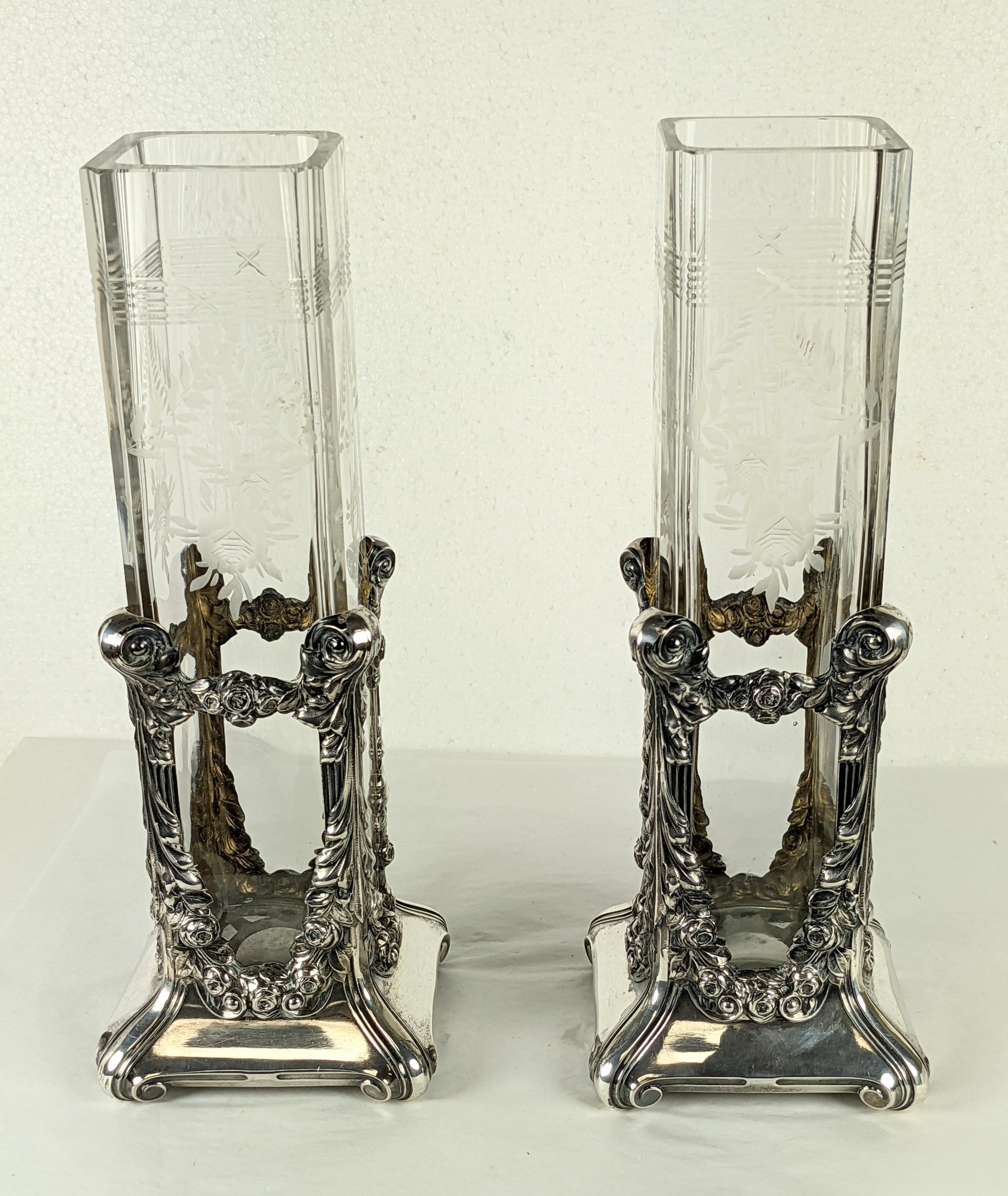 Early 20th Century Pair of Edwardian Sterling and Etched Glass Vases For Sale