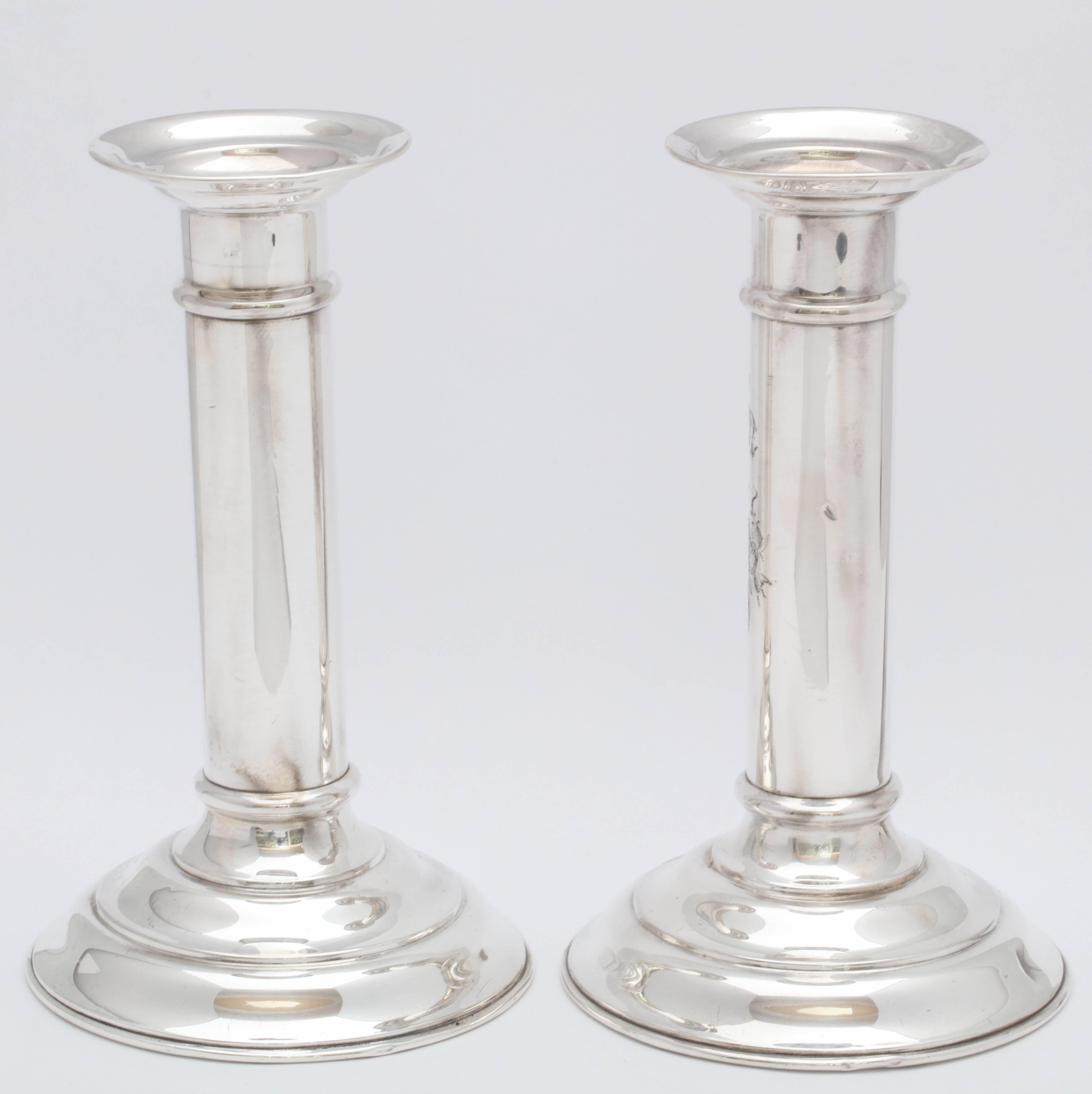 Early 20th Century Pair of Edwardian Sterling Silver Column-Form Candlesticks