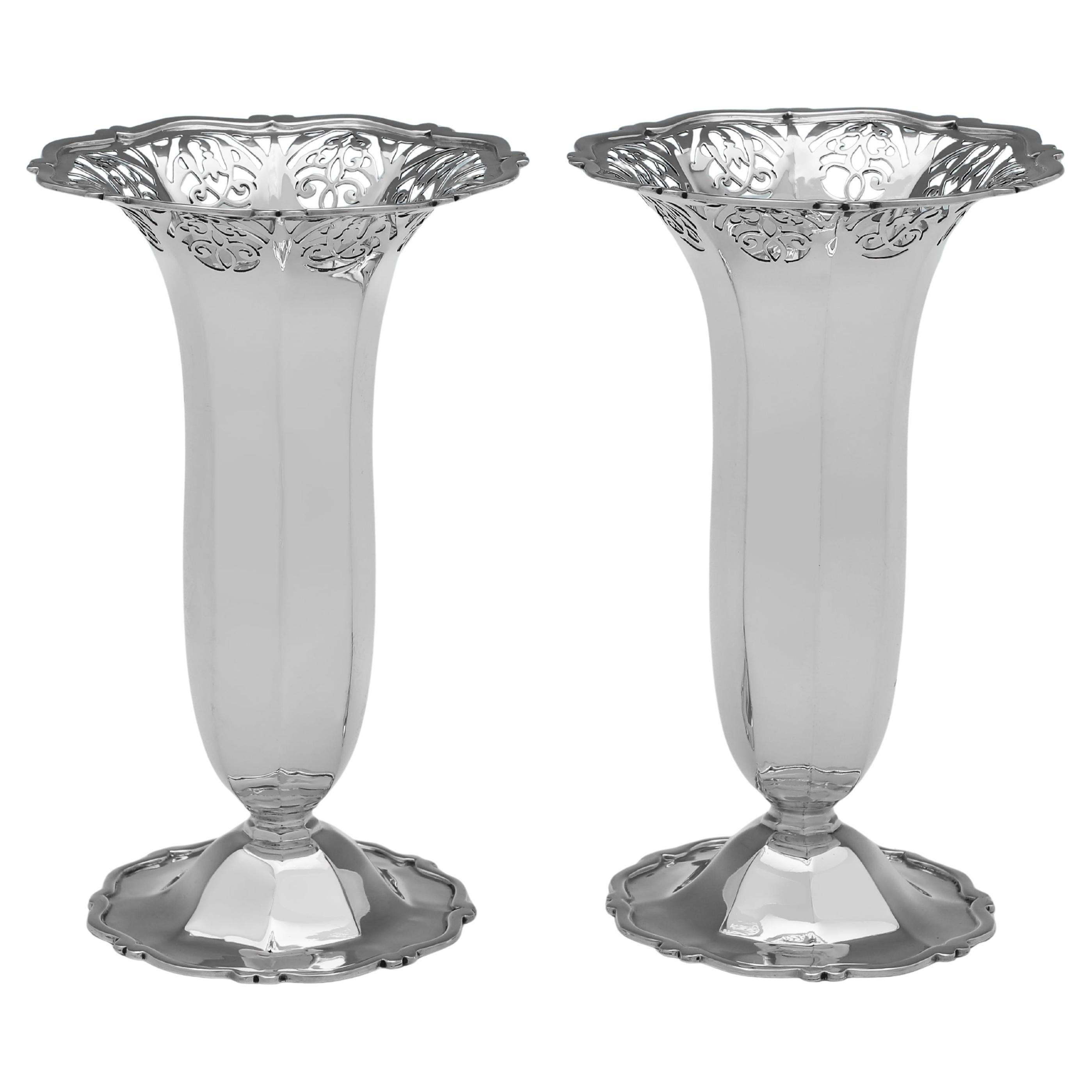 Pair of Edwardian sterling silver vases made in 1902 by Elkington & Co.