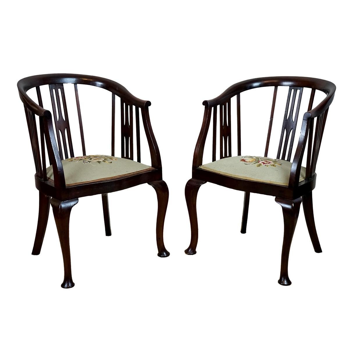 British Pair of Edwardian Stick and Tub Back  Armchairs For Sale