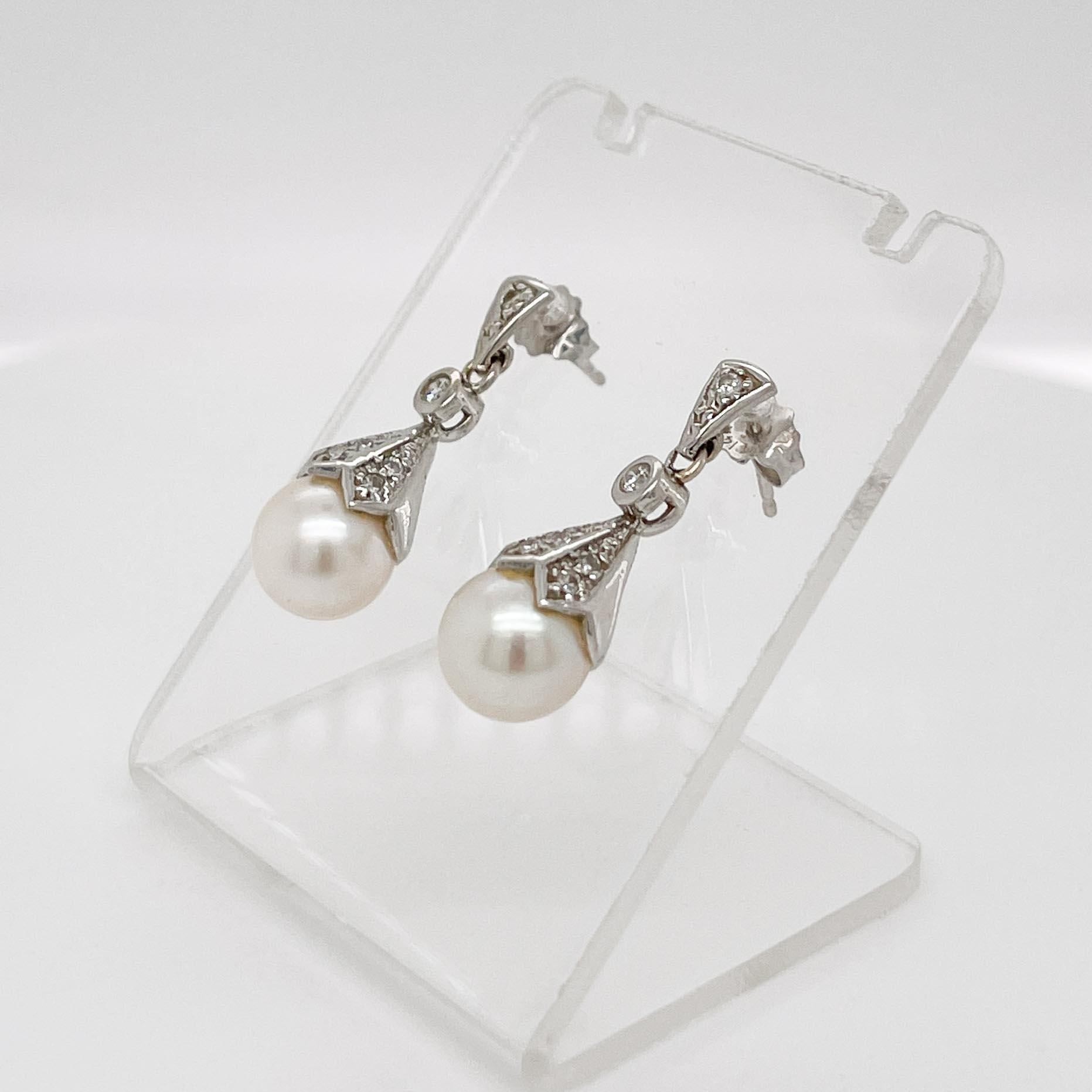 Pair of Edwardian Style Pearl, Diamond & 14 Karat White Gold Earrings 9